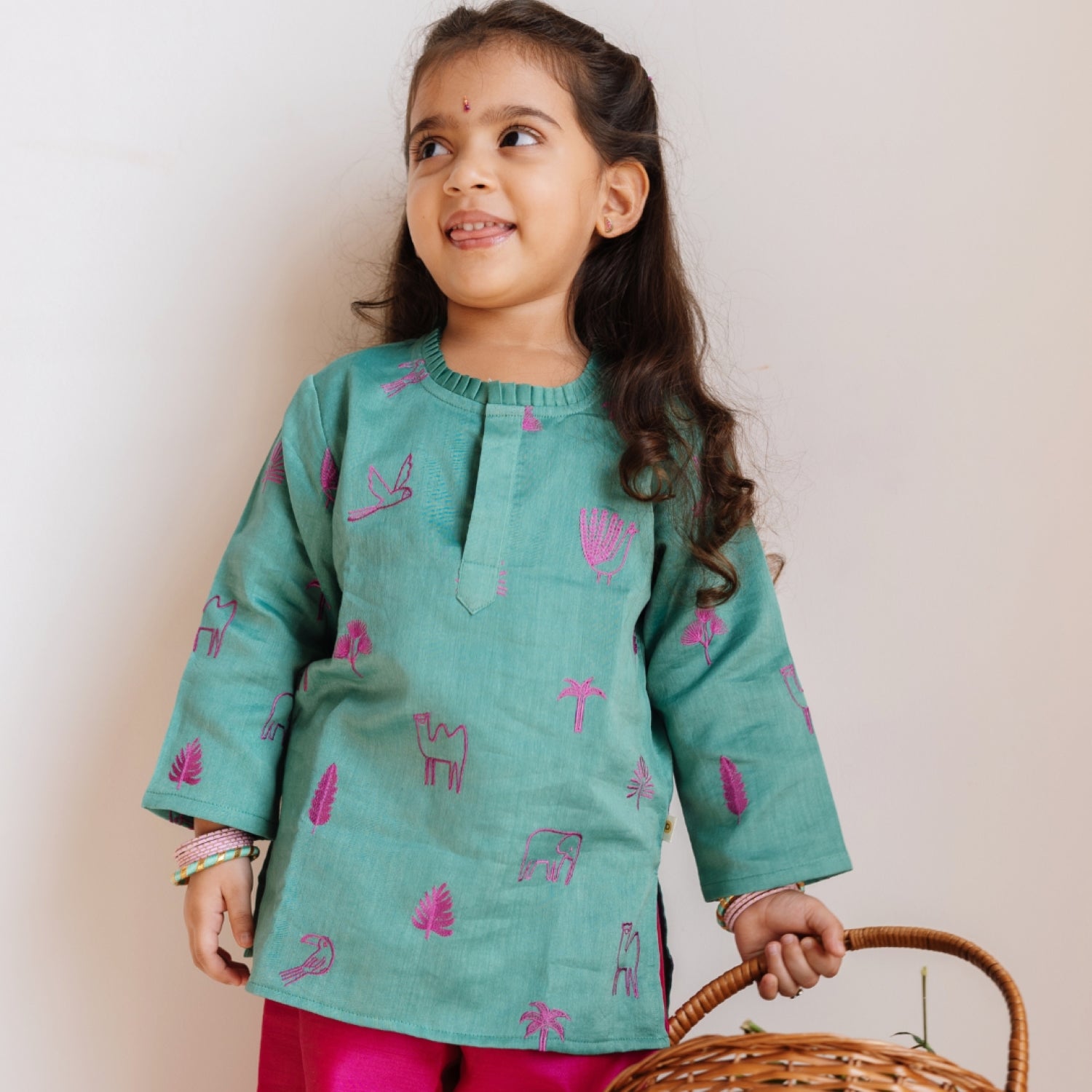 Chanderi Kurti Pants Set | Embroidered - Magical Jungle (Emerald)