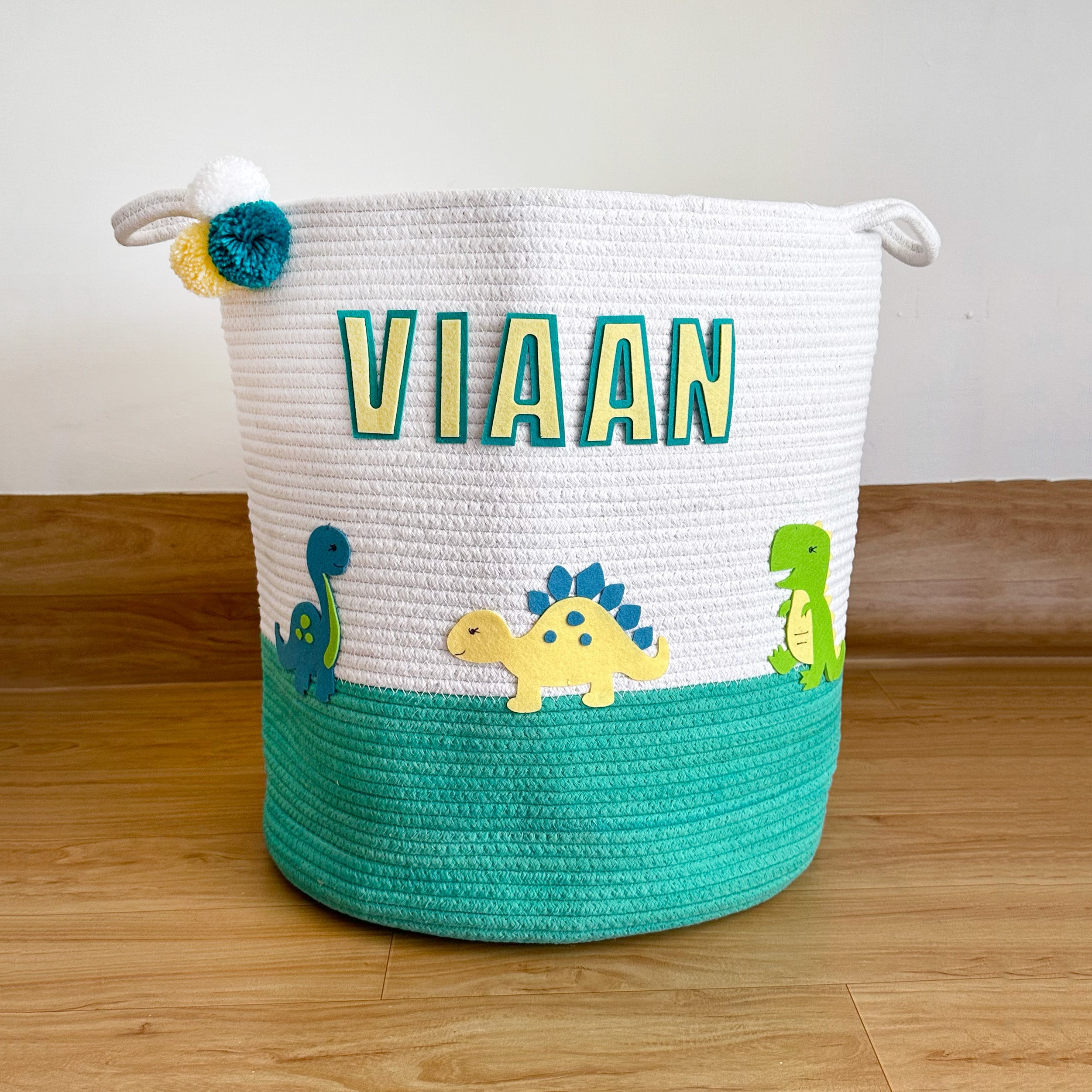 DINOSAUR ADVENTURES - GREEN ROPE PERSONALISED STORAGE BASKET - SET OF 2