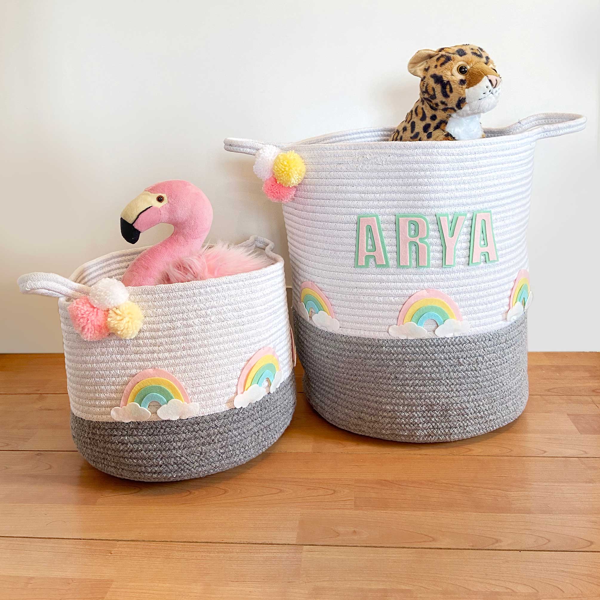 Rainbow- Grey Rope Personalized Storage Basket