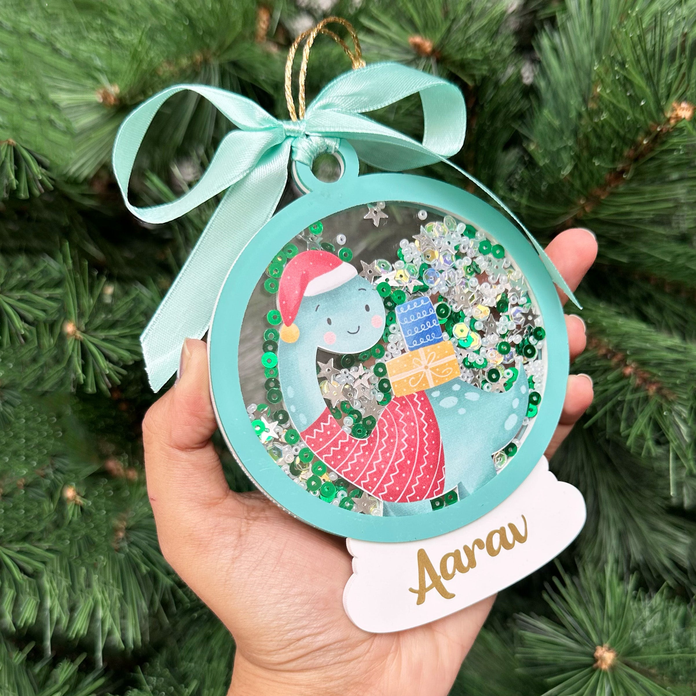 Sparkly Snow Globe Ornament- Dino