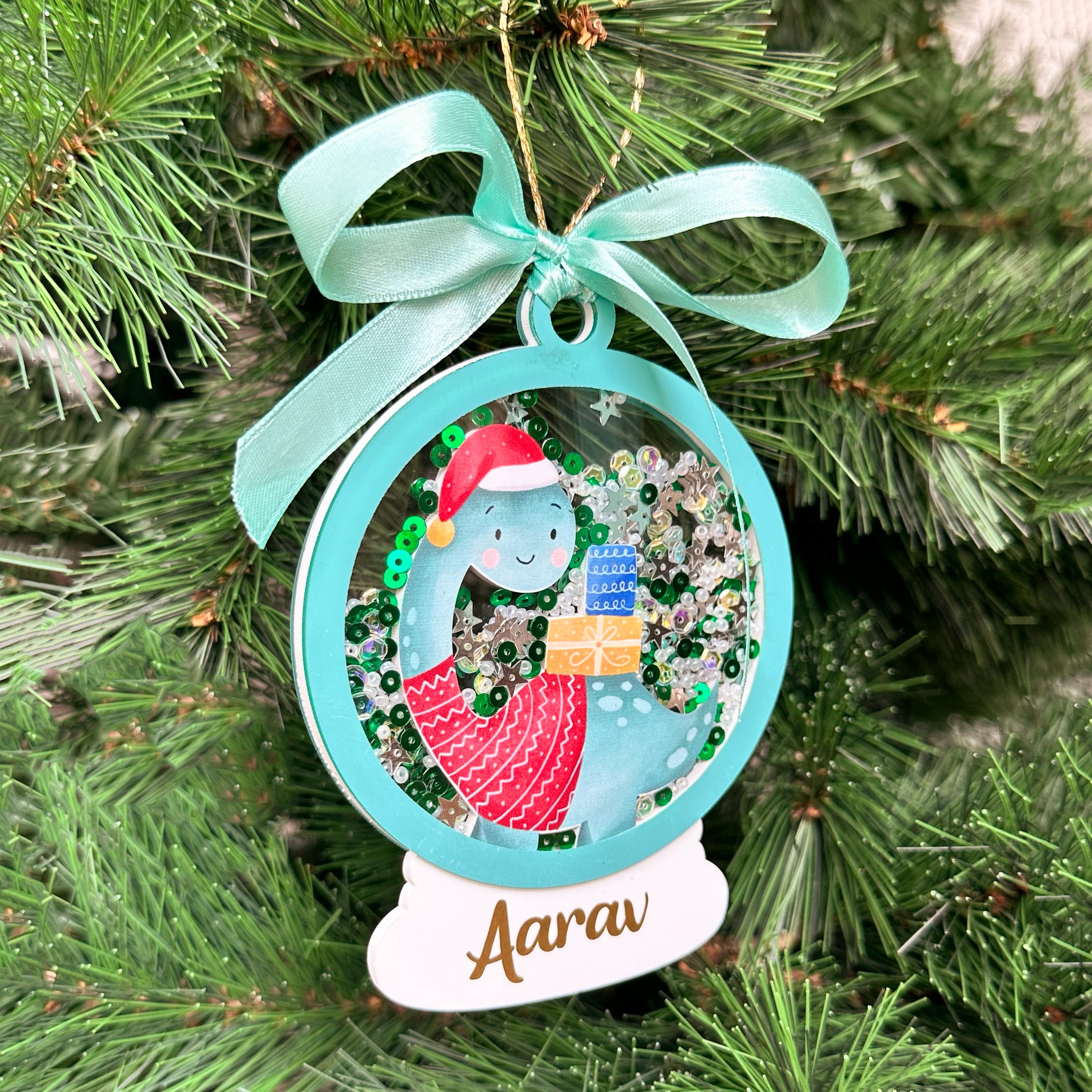 Sparkly Snow Globe Ornament- Dino