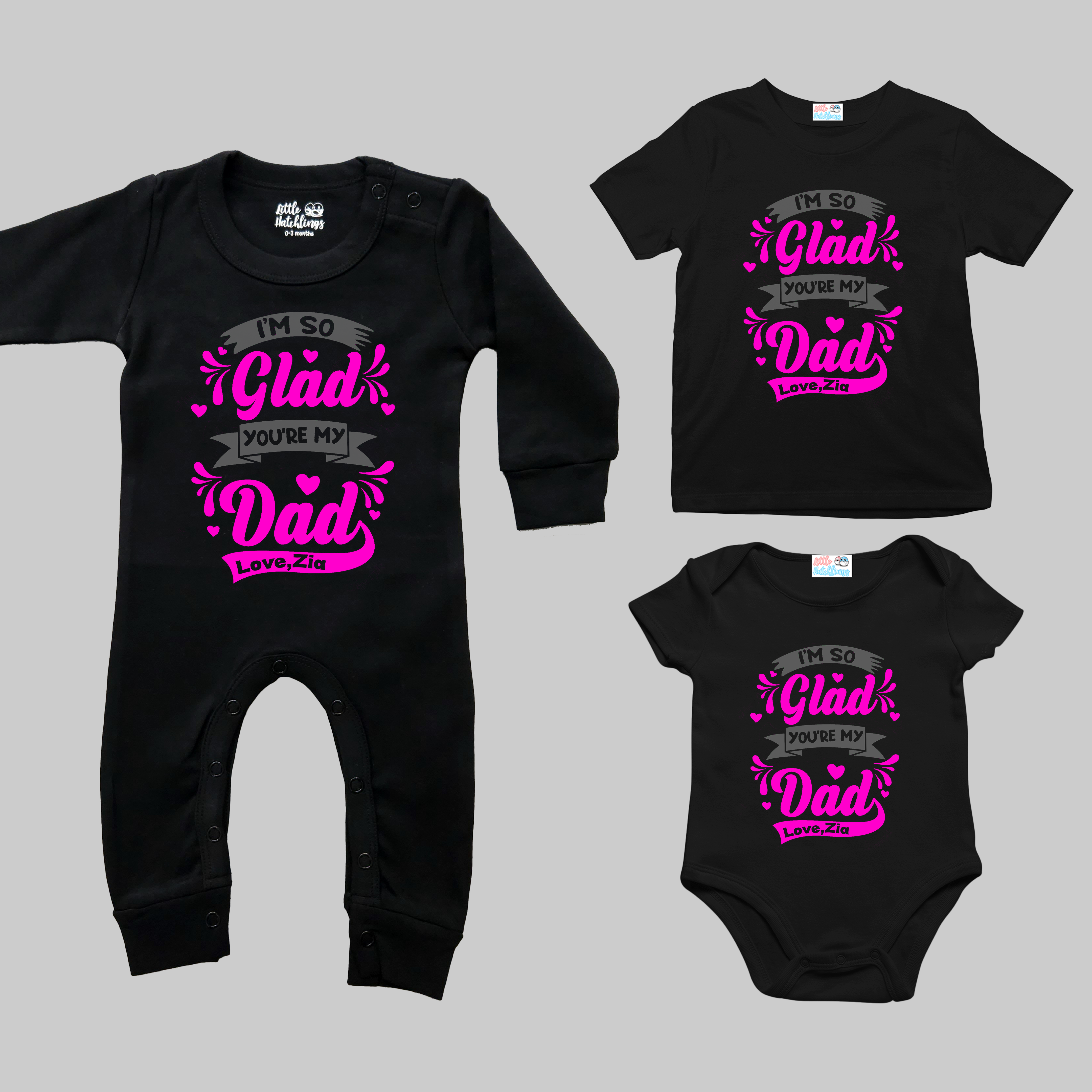 So Glad You Are My Dad Black Onesie / Romper / Tshirt (Pink Print)