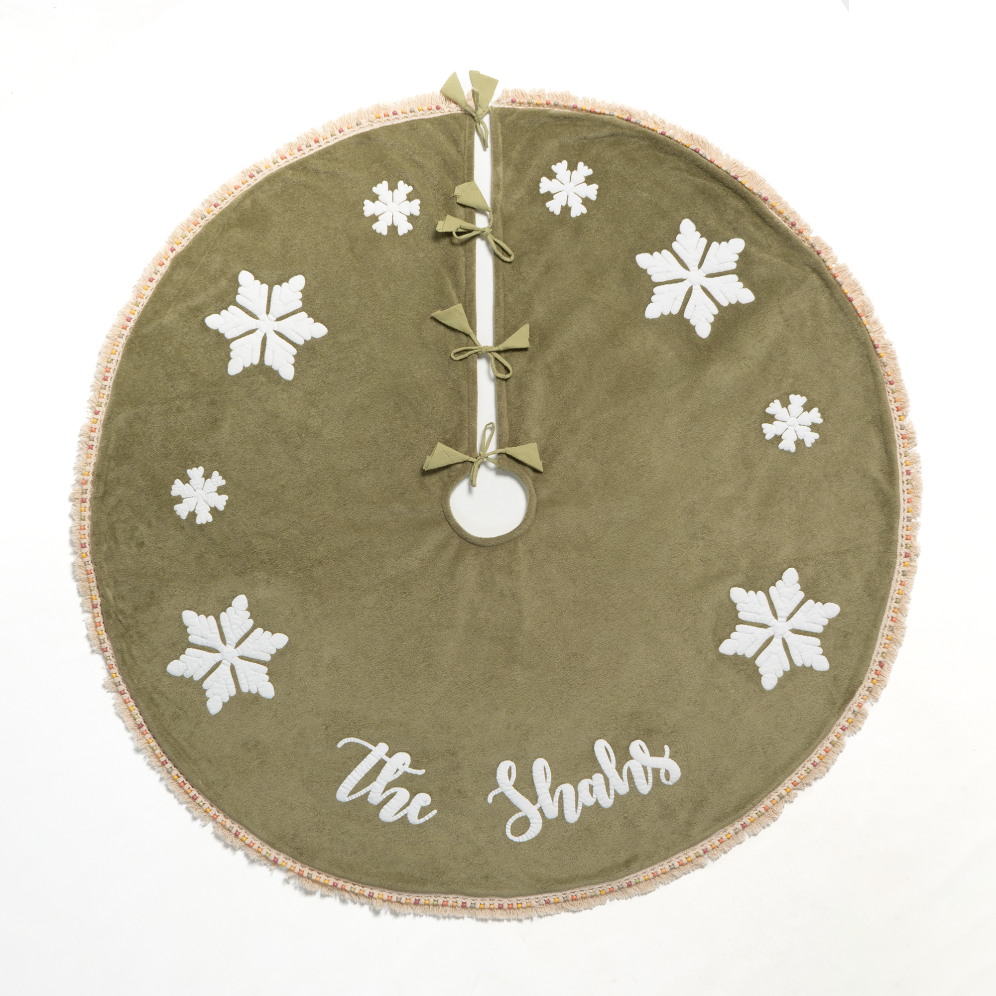 Personalised Green Velvet Boho Tree Skirt with Snowflakes