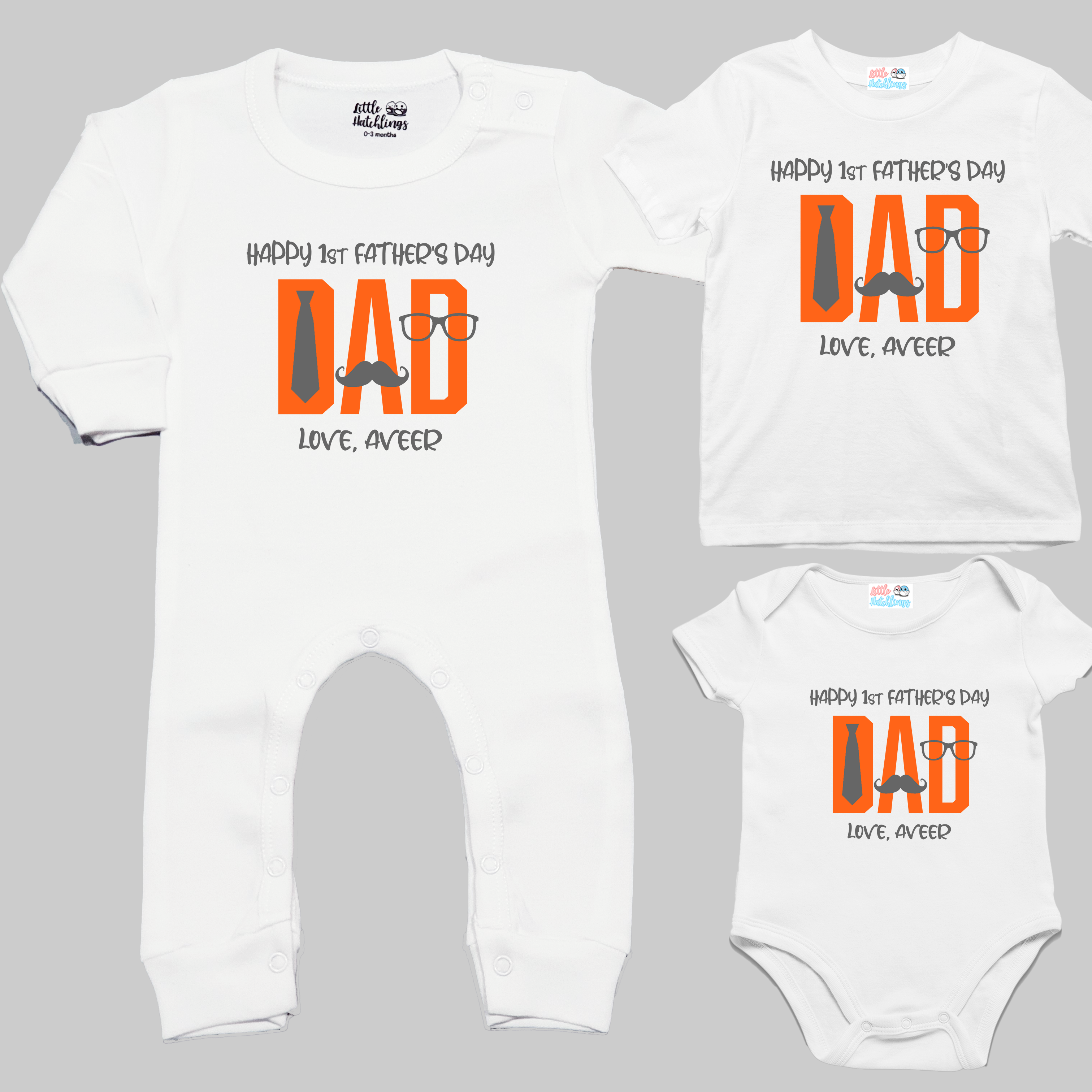 First Father's Day Tie Specs White Onesie / Romper / Tshirt (Orange)