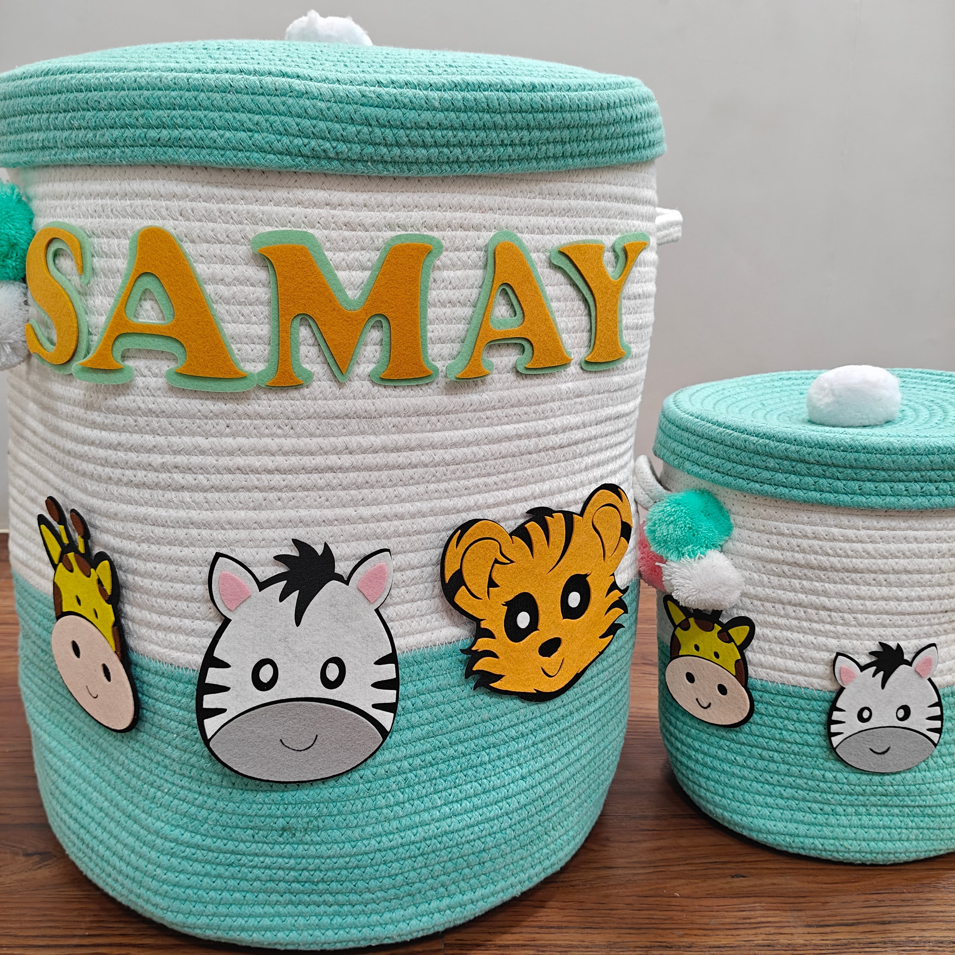 Jute Cotton Storage Basket with Lid - Teal & Wild