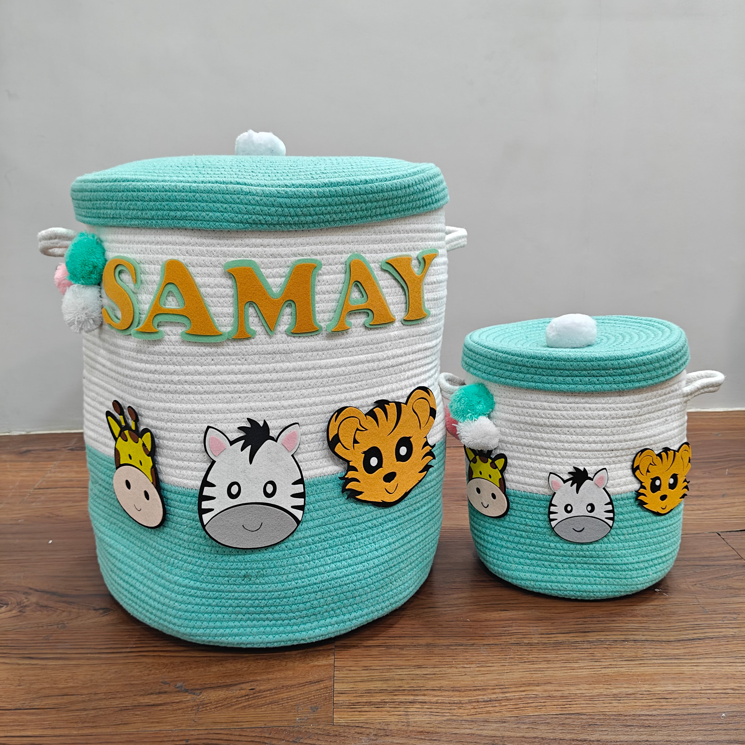 Jute Cotton Storage Basket with Lid - Teal & Wild