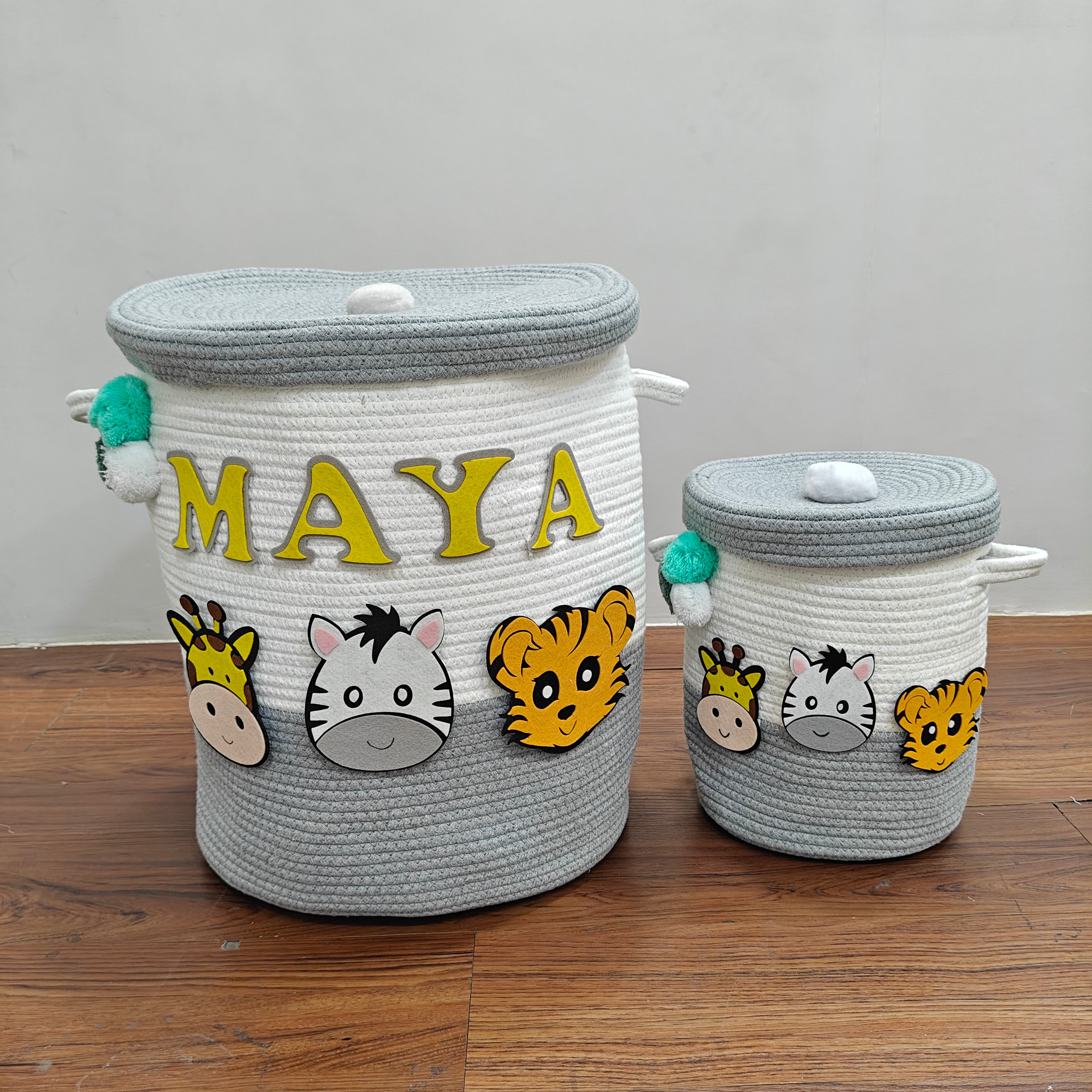 Jute Cotton Storage Basket with Lid - Smoky Safari