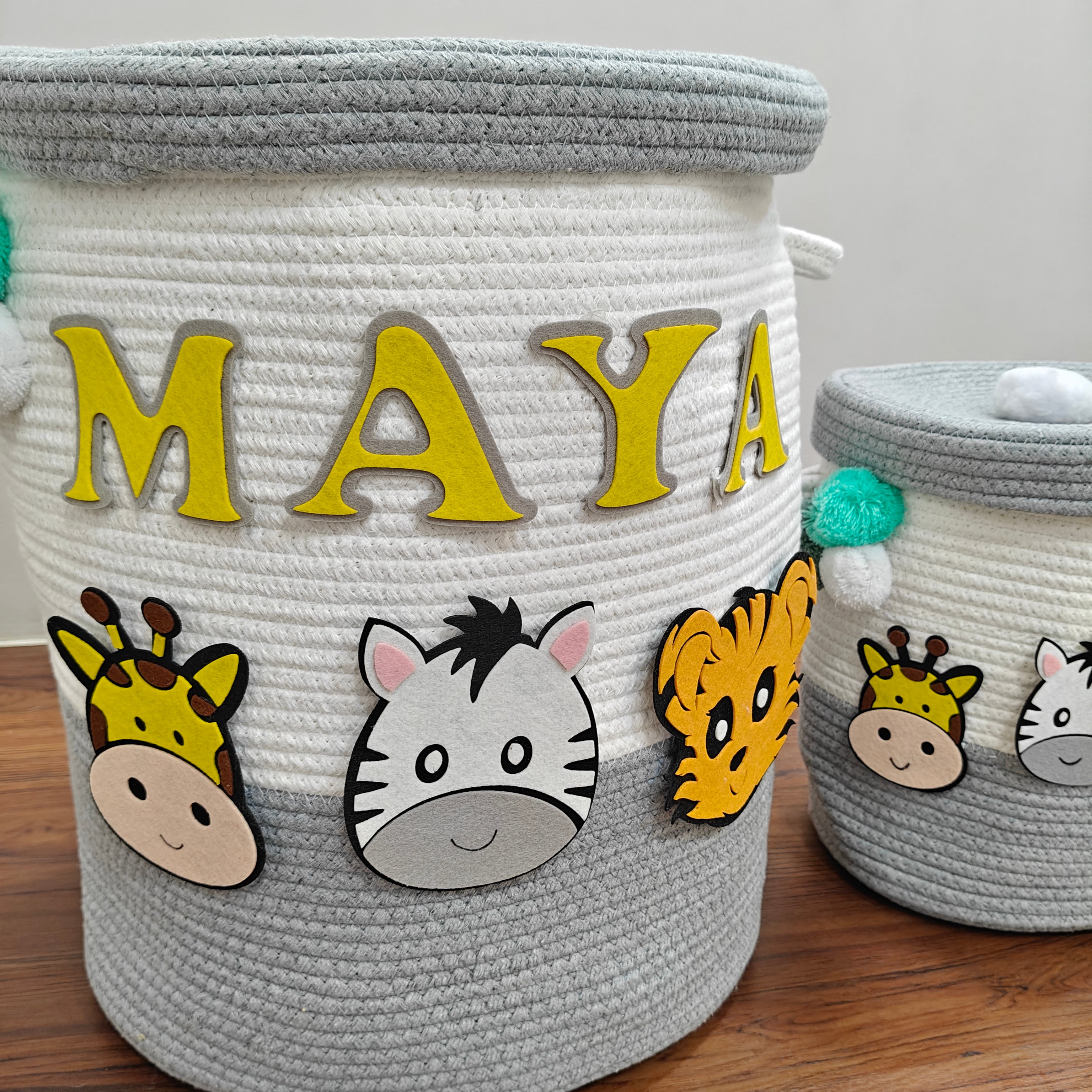 Jute Cotton Storage Basket with Lid - Smoky Safari