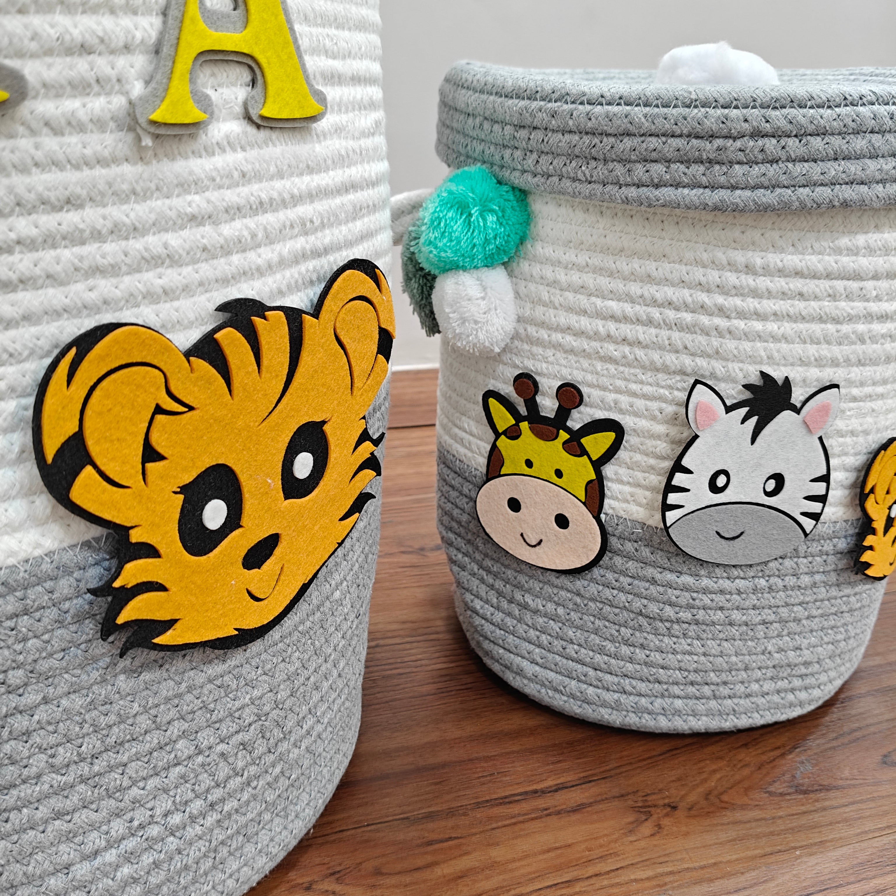 Jute Cotton Storage Basket with Lid - Smoky Safari