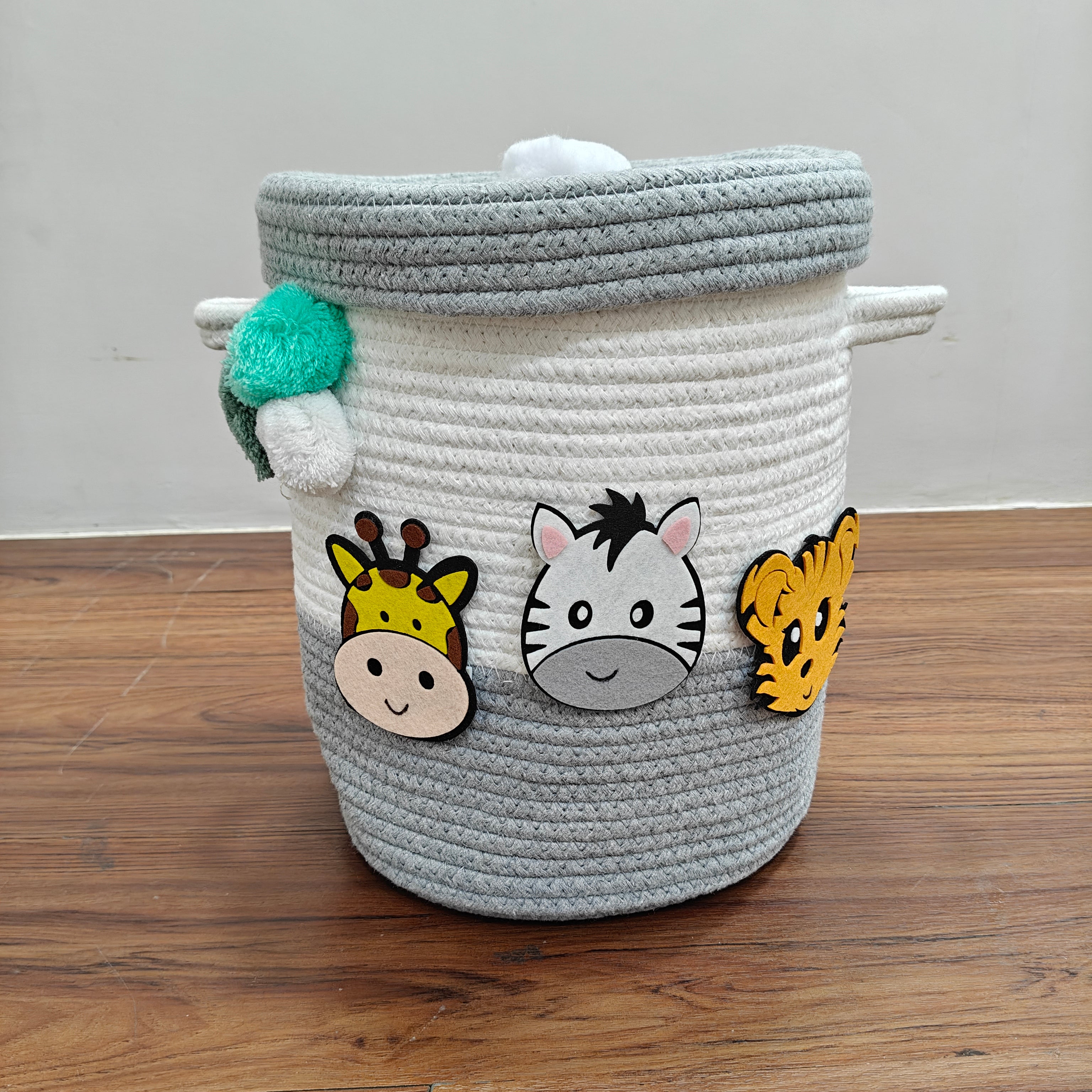 Jute Cotton Storage Basket with Lid - Smoky Safari