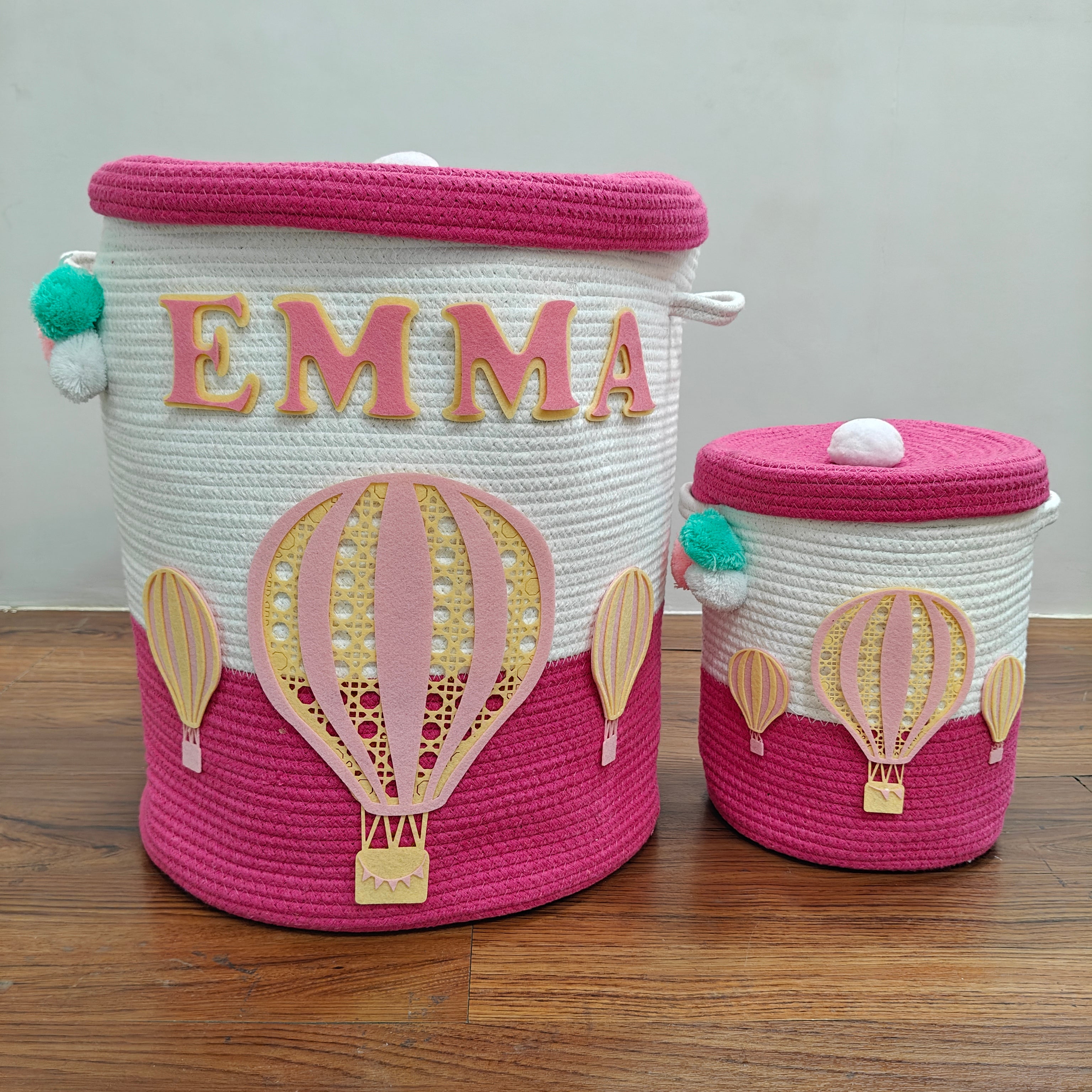 Jute Cotton Storage Basket with Lid - Rosy Skies