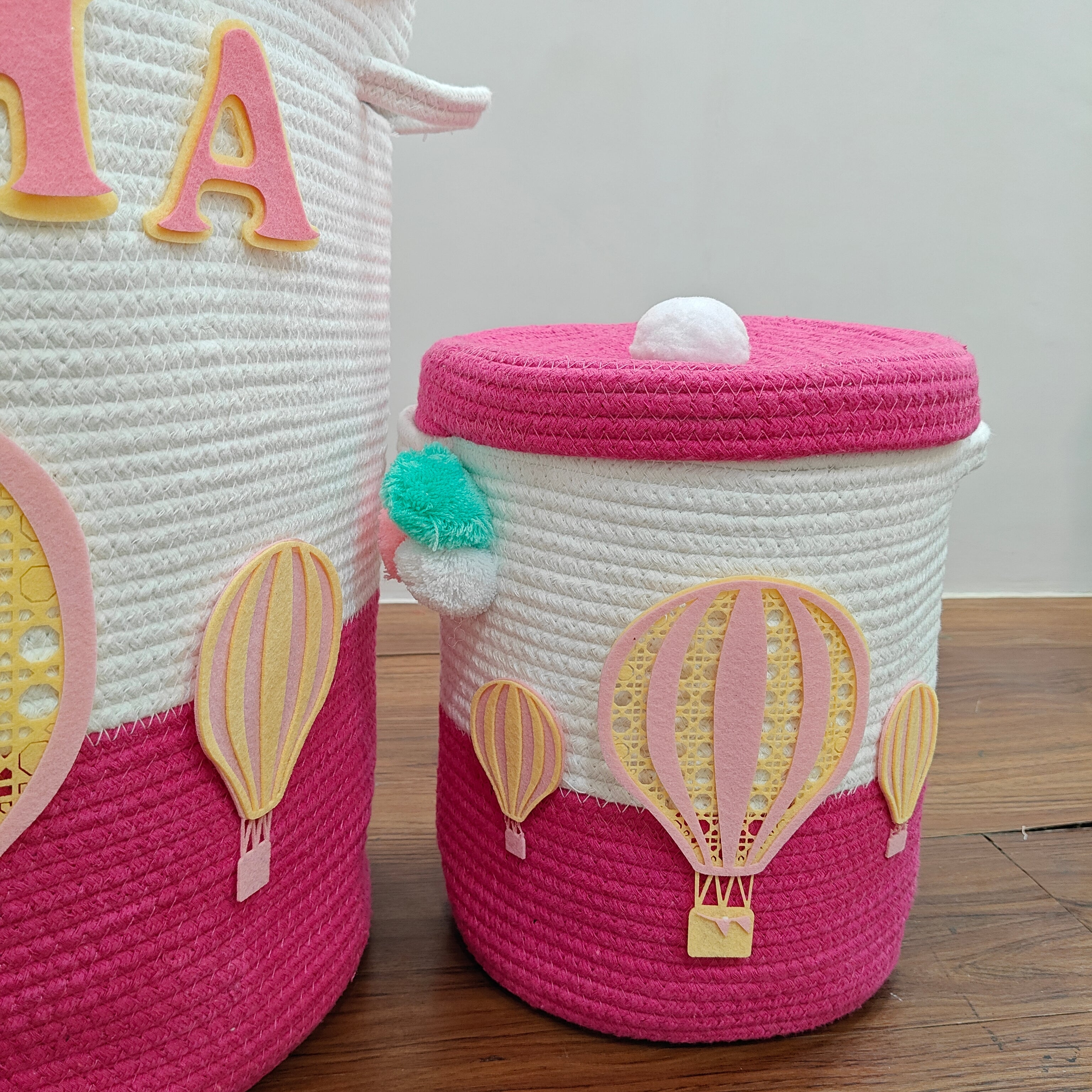 Jute Cotton Storage Basket with Lid - Rosy Skies