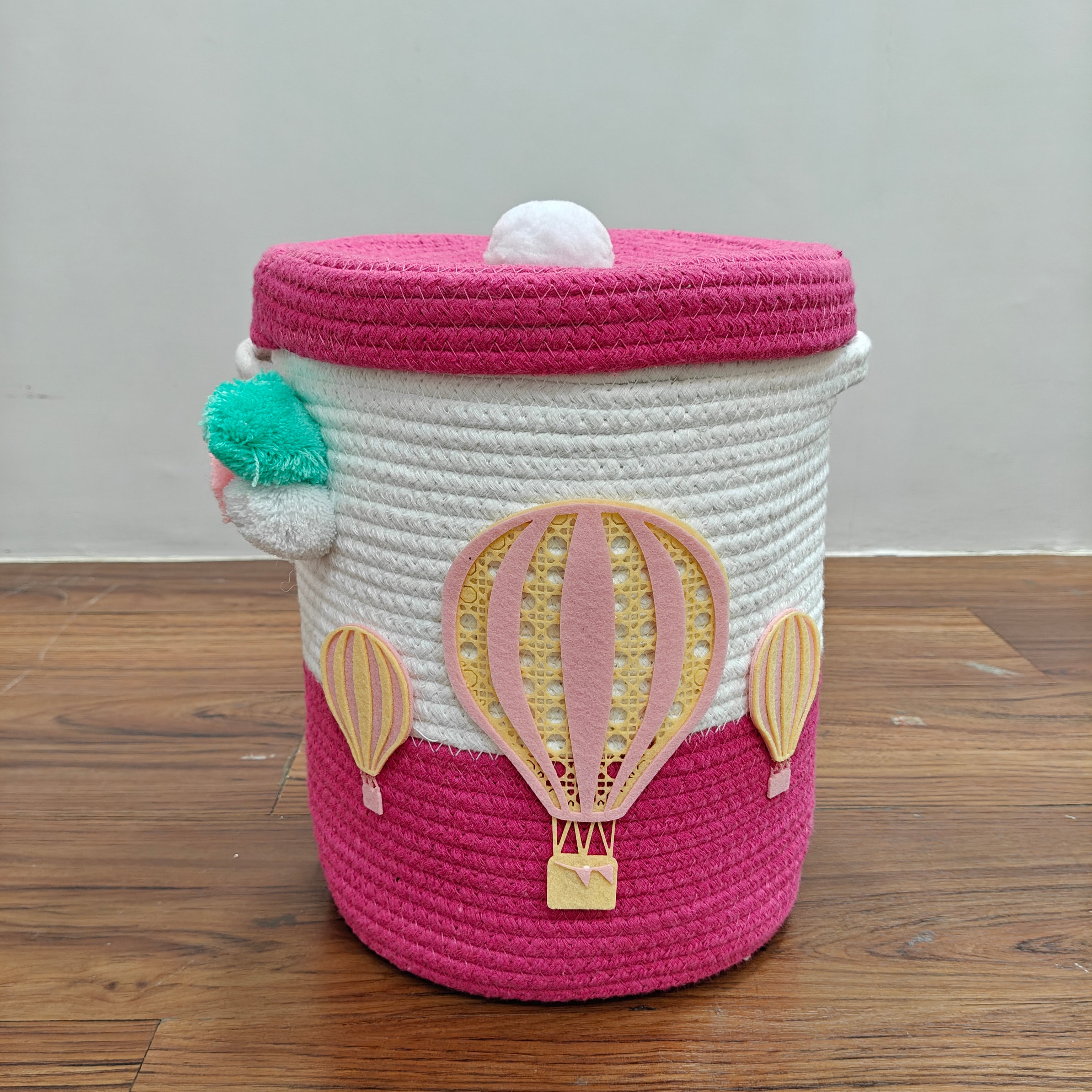Jute Cotton Storage Basket with Lid - Rosy Skies