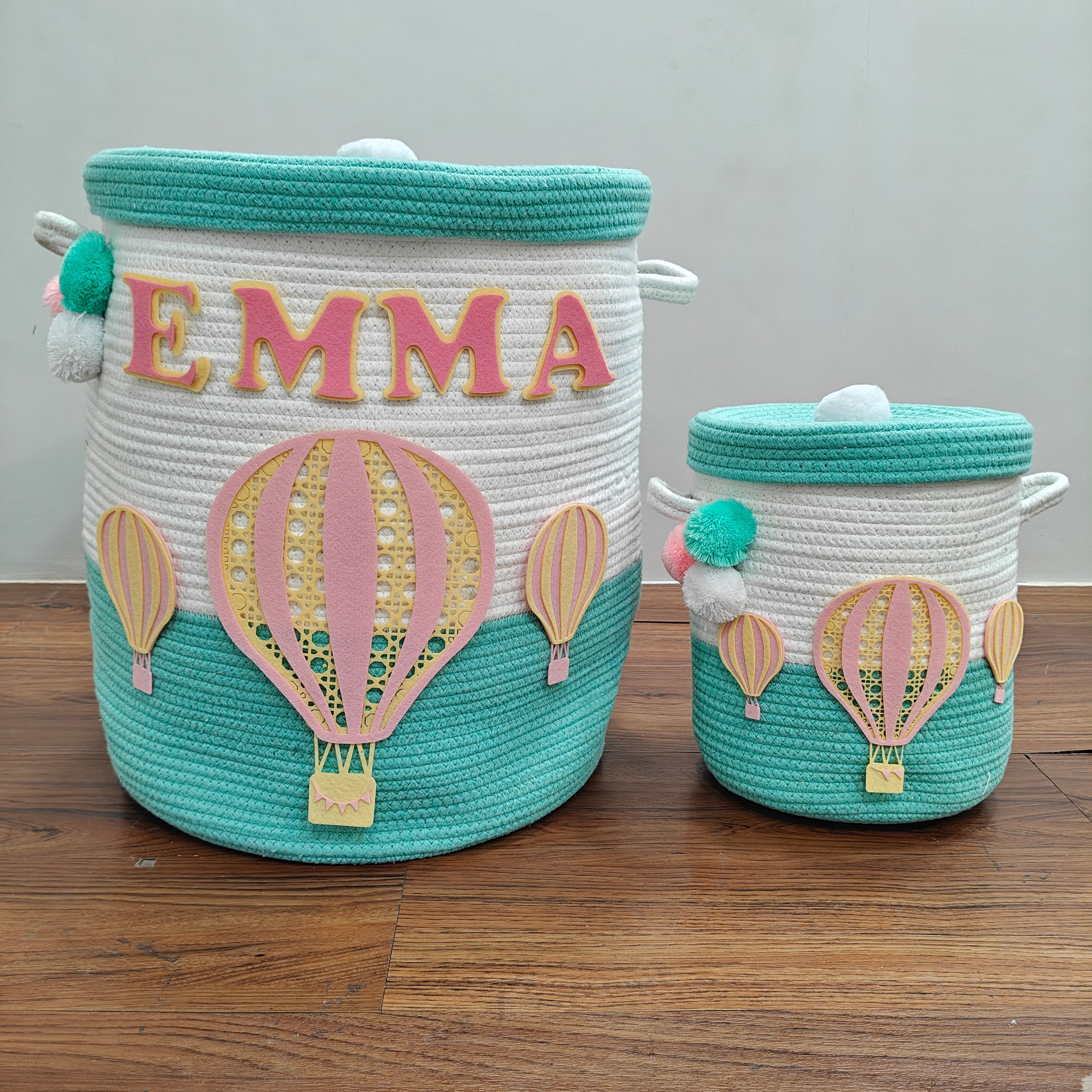 Jute Cotton Storage Basket with Lid - Up & Aqua