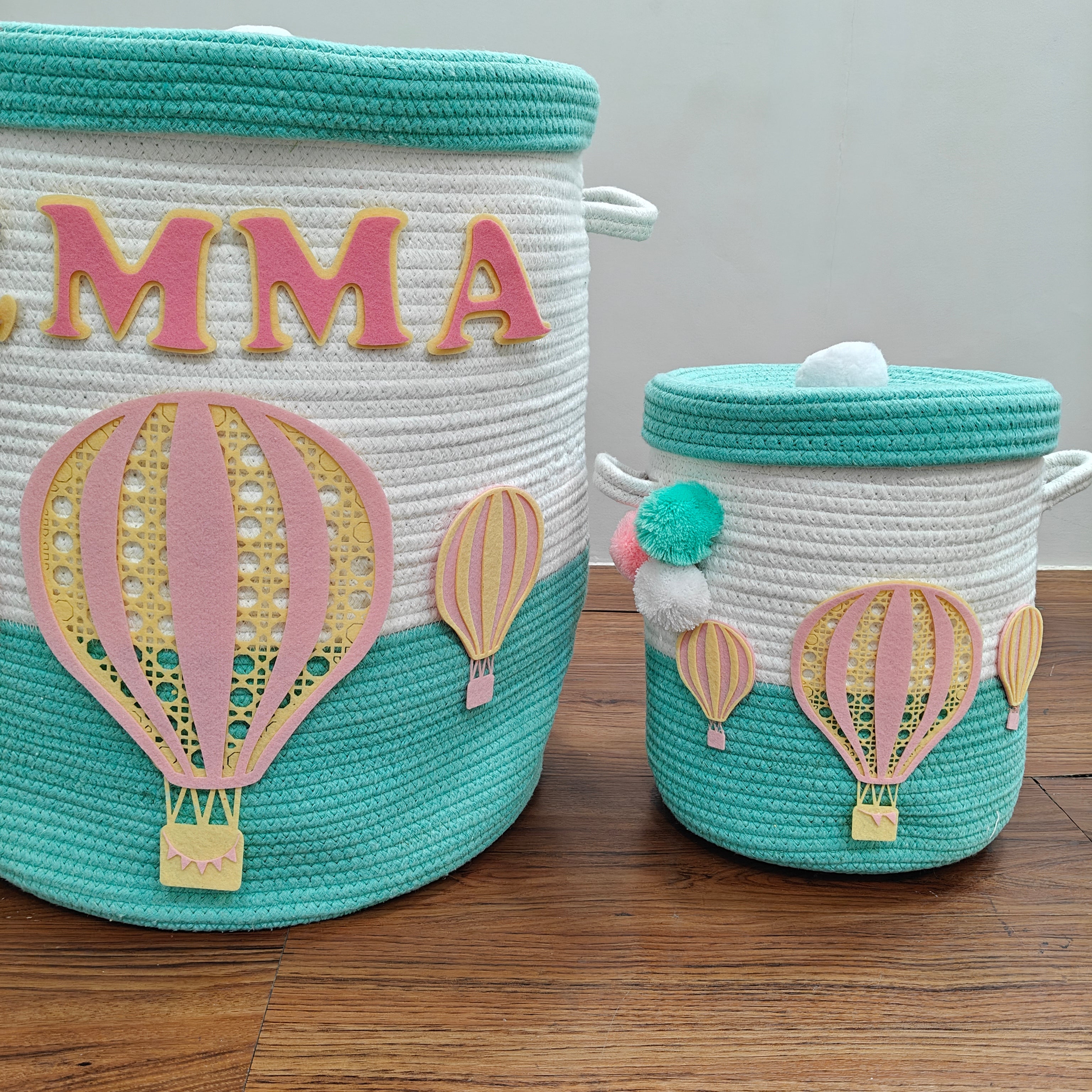 Jute Cotton Storage Basket with Lid - Up & Aqua