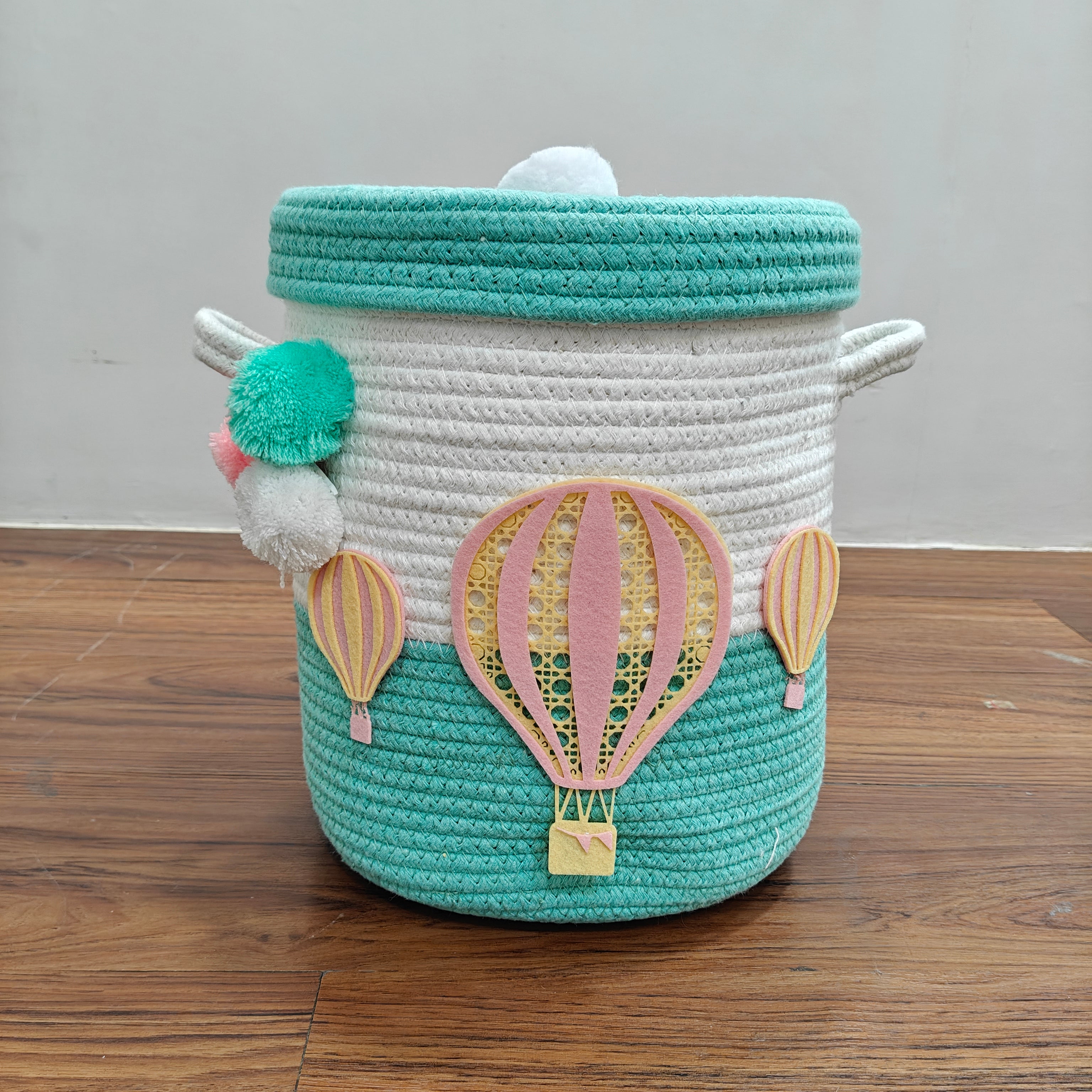 Jute Cotton Storage Basket with Lid - Up & Aqua
