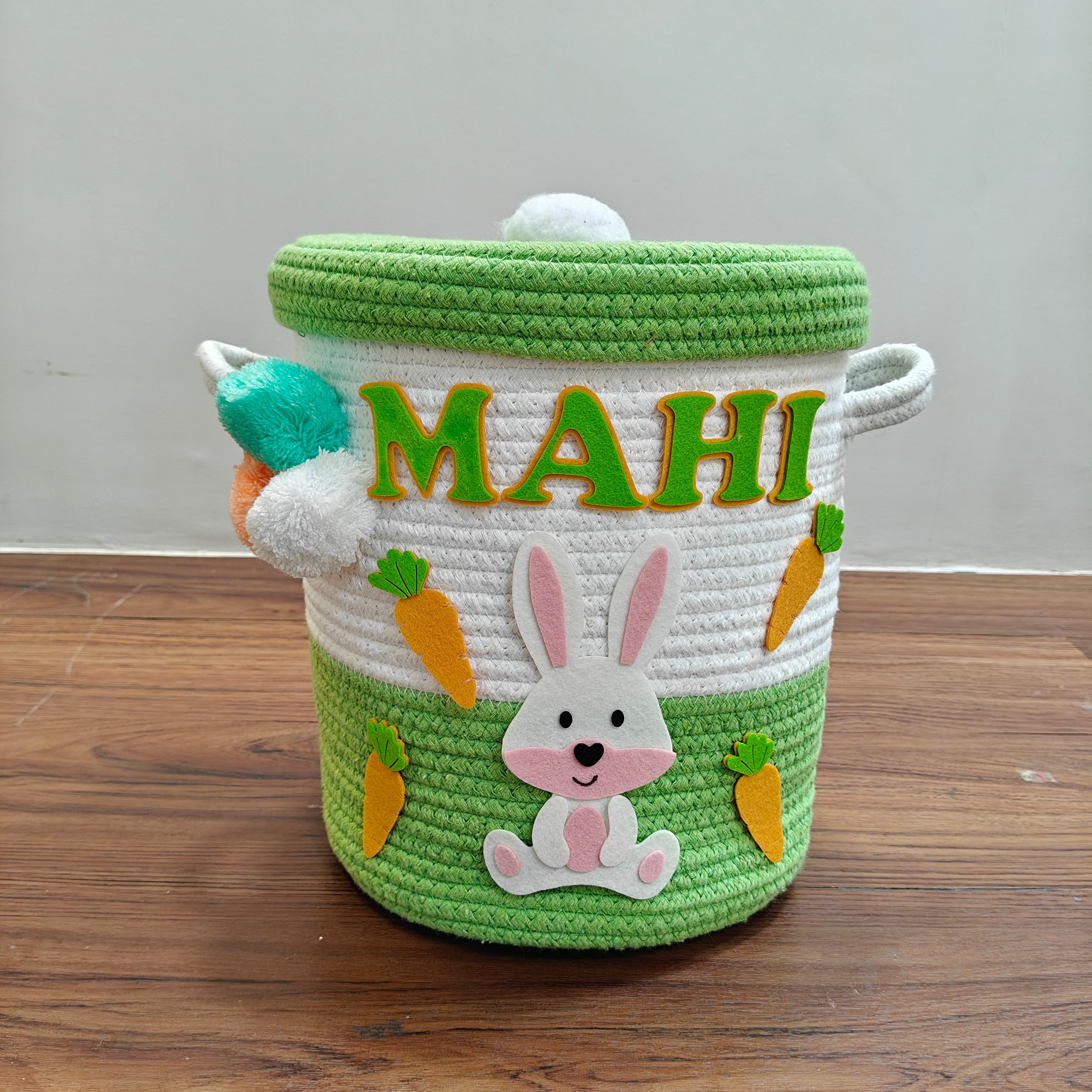 Jute Cotton Storage Basket with Lid -Bunny Bounty