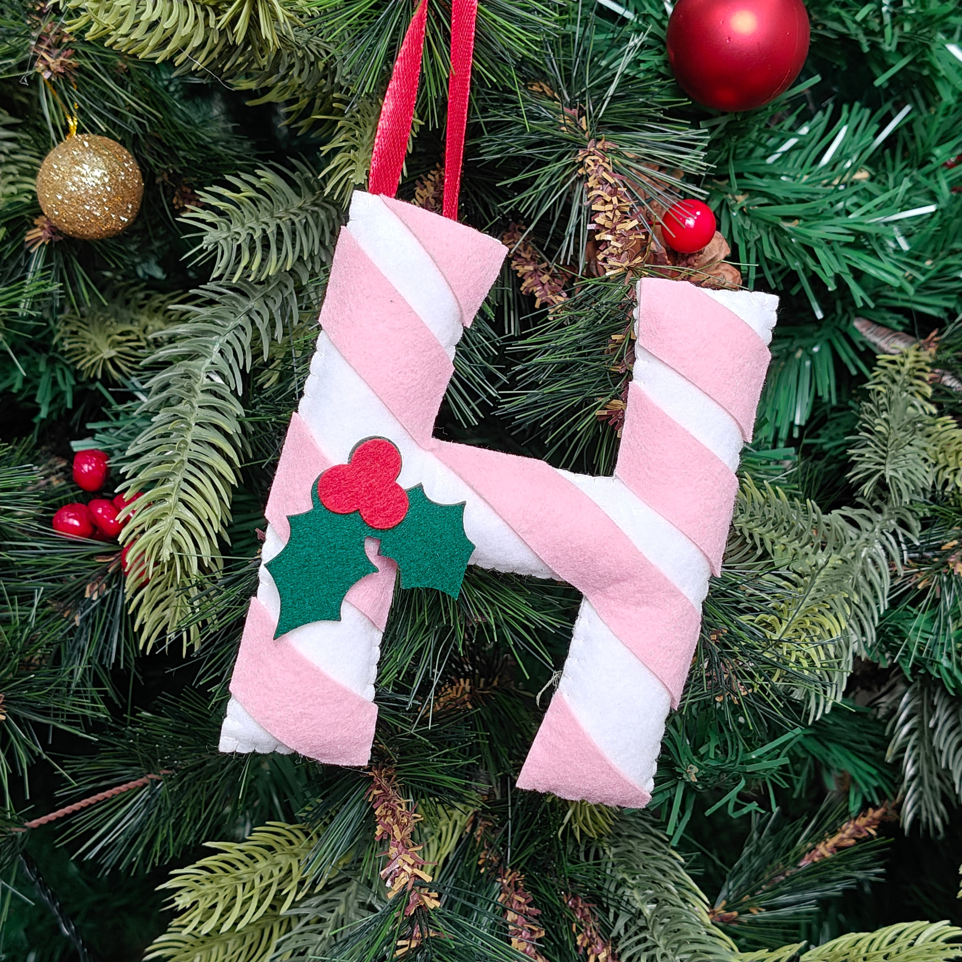 Personalised Blush Candy Cane Monogram Ornament