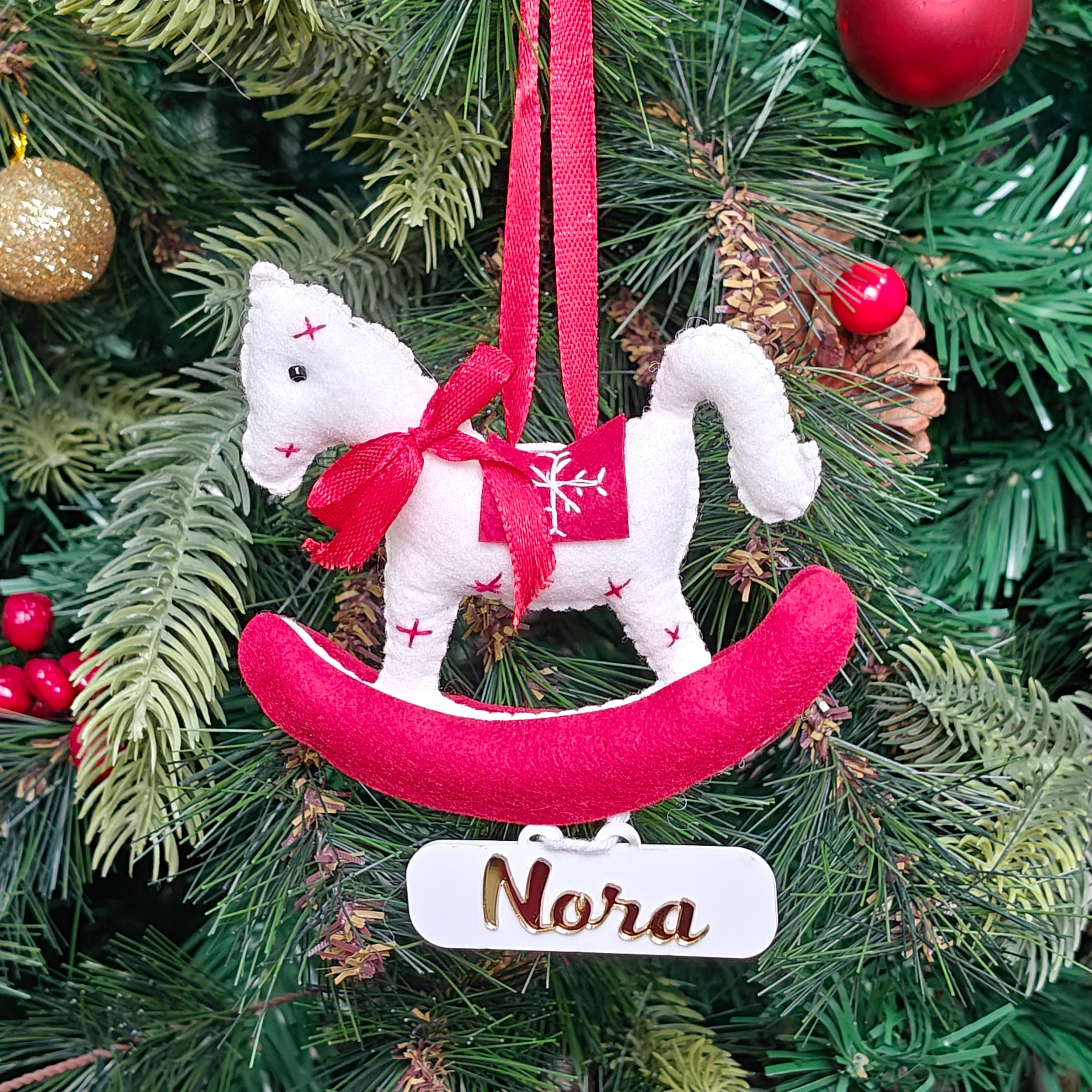 Personalised Snowy Rocking Horse Ornament