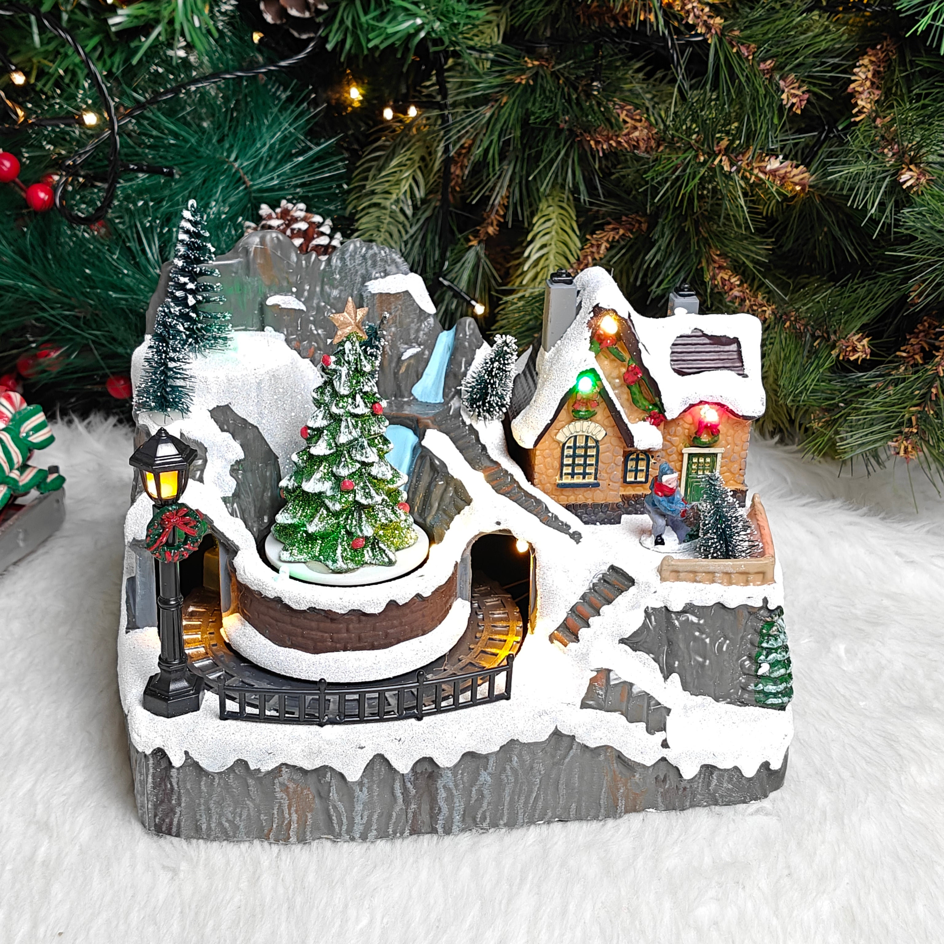 Light-Up Nativity village with Rotating Tree