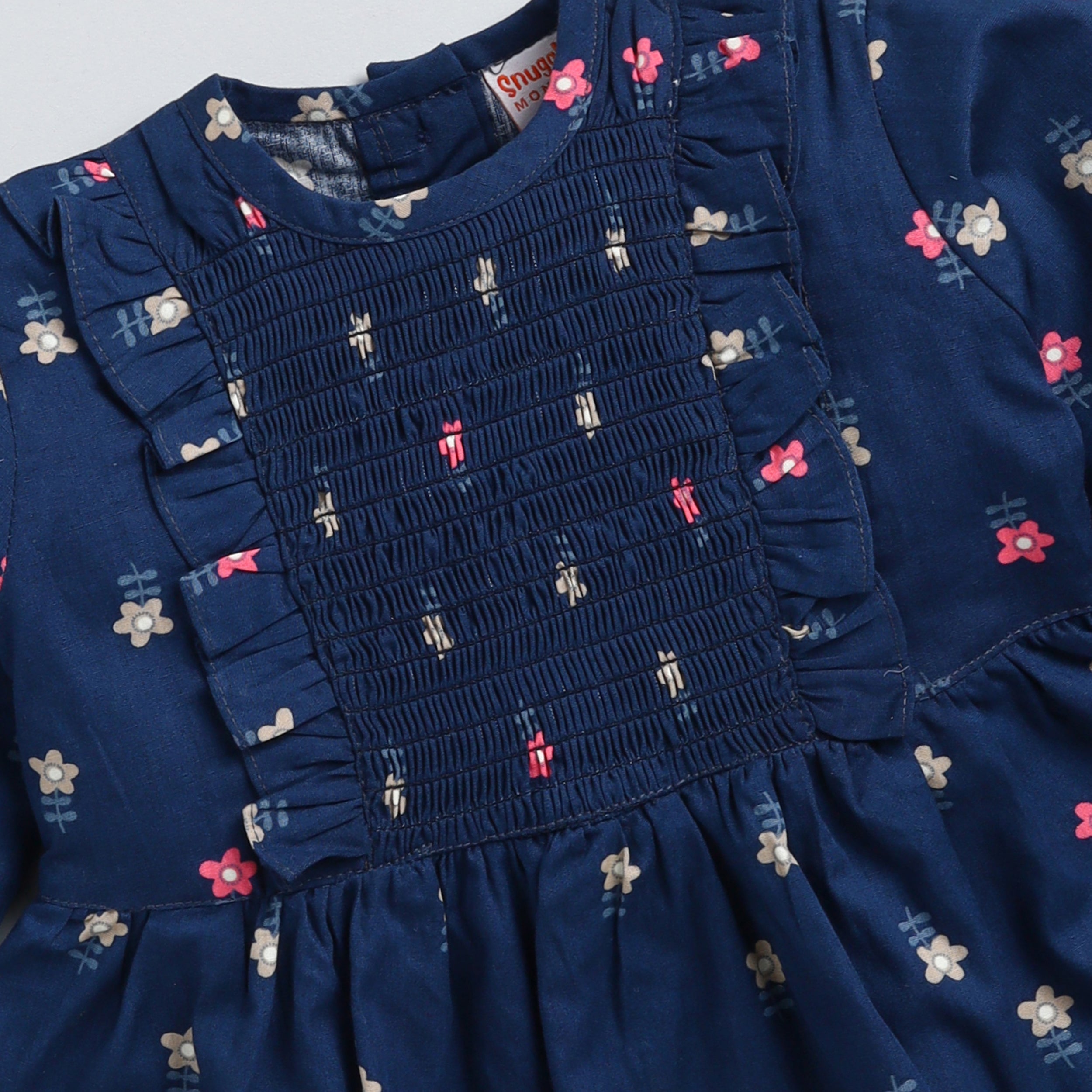 Snuggly Monkey Flower Aop Full-Sleeves Woven Smocking Frock