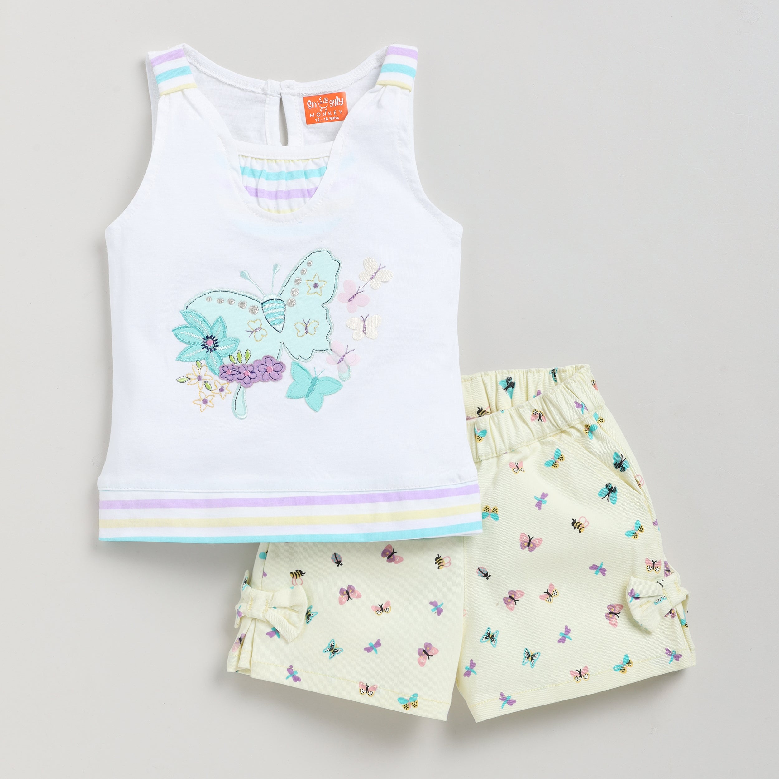 Snuggly Monkey Butterly Design Top with Shorts for Summer - Lemon