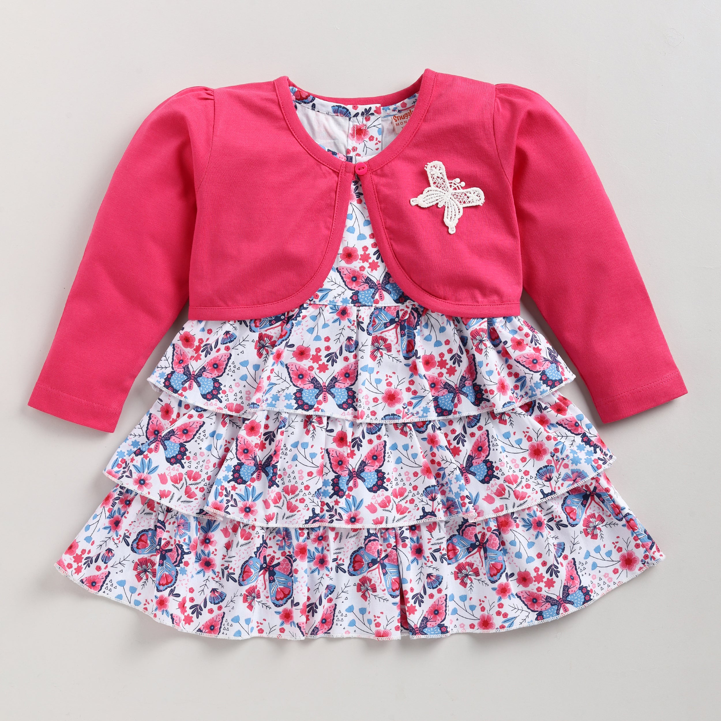 Snuggly Monkey Girls Butterfly Print Woven Frock With Shrug