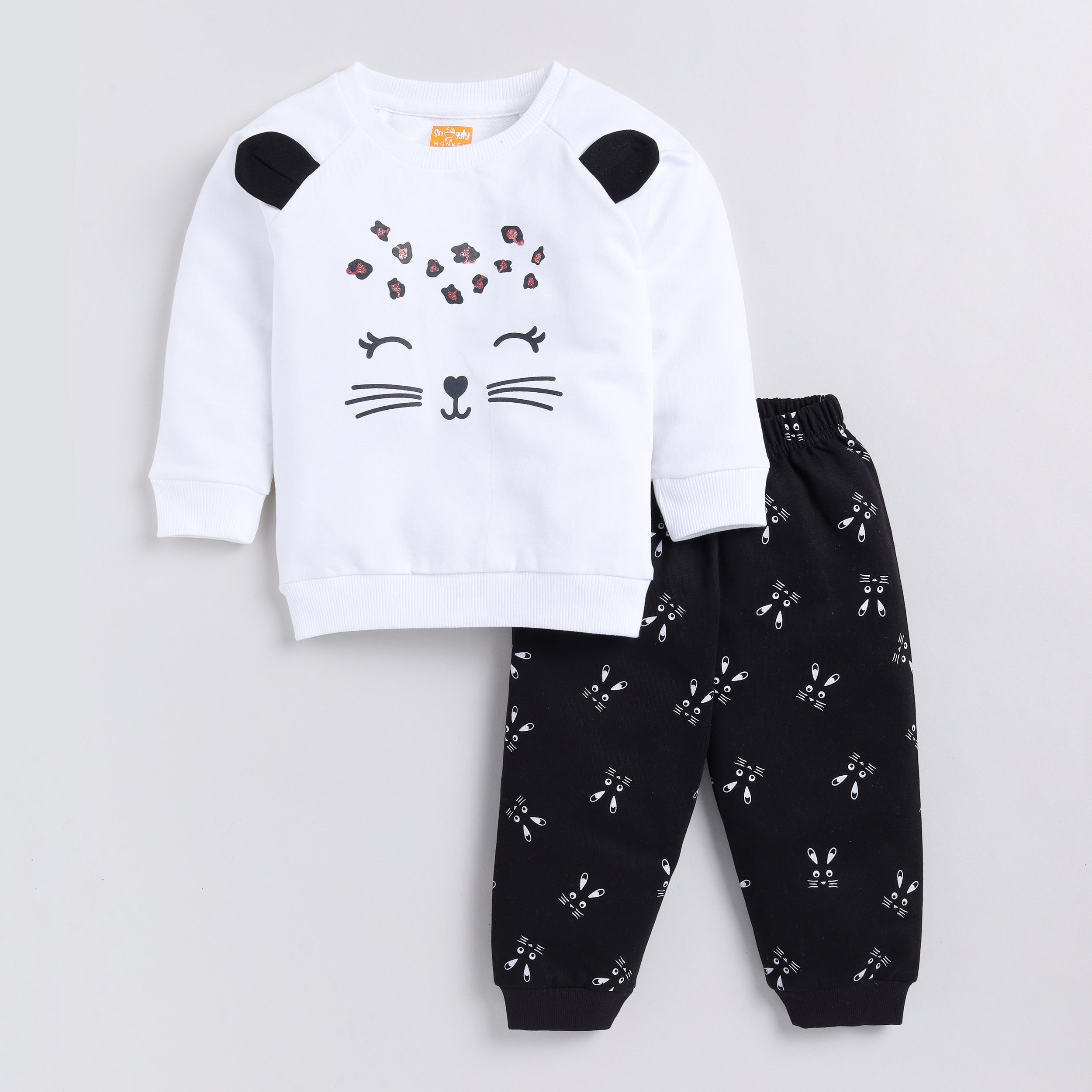 Snuggly Monkey Cat Print Full-Sleeves Sweat Shirt With Joggers