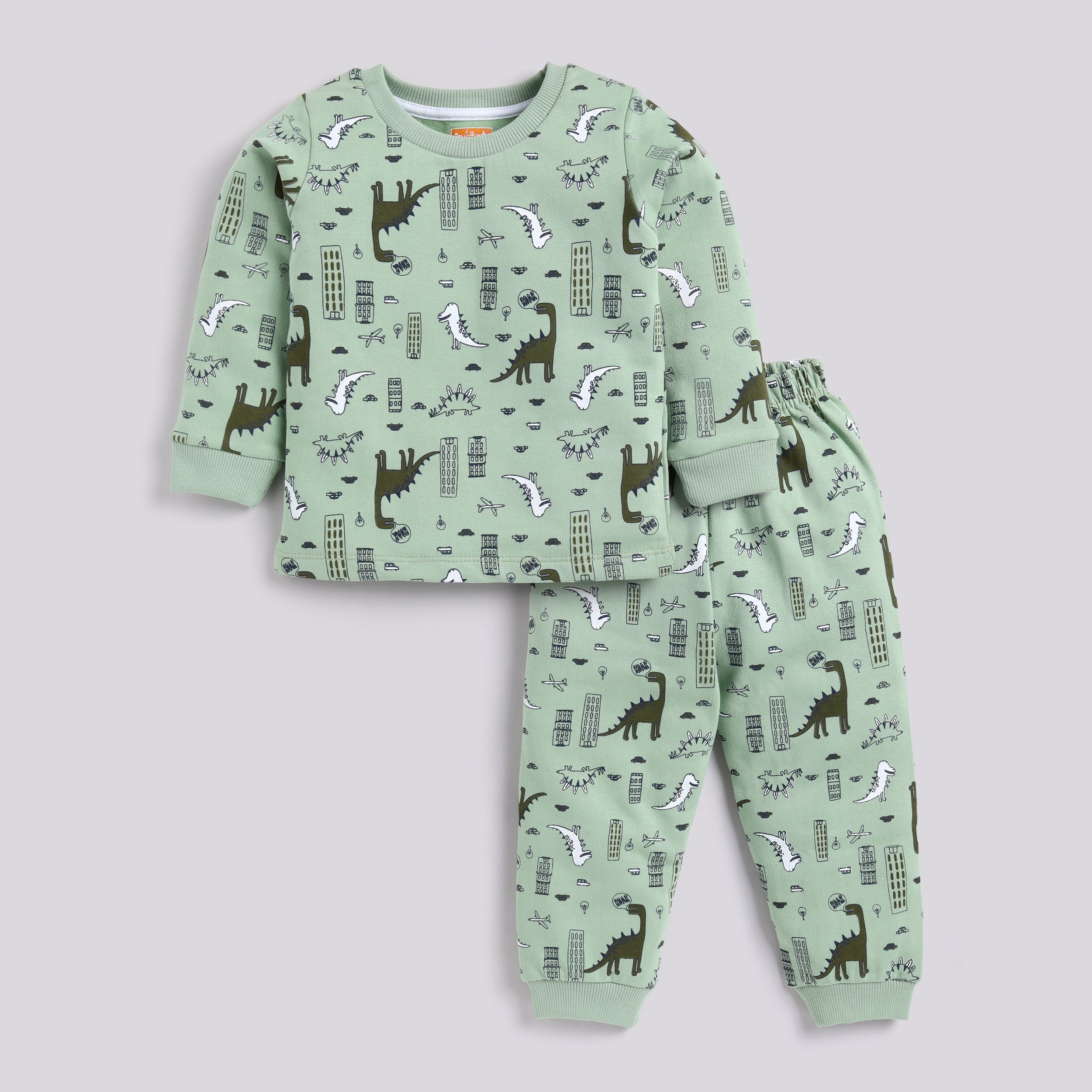 Snuggly Monkey Dino Aop Full-Sleeves Sweat Shirt With Joggers