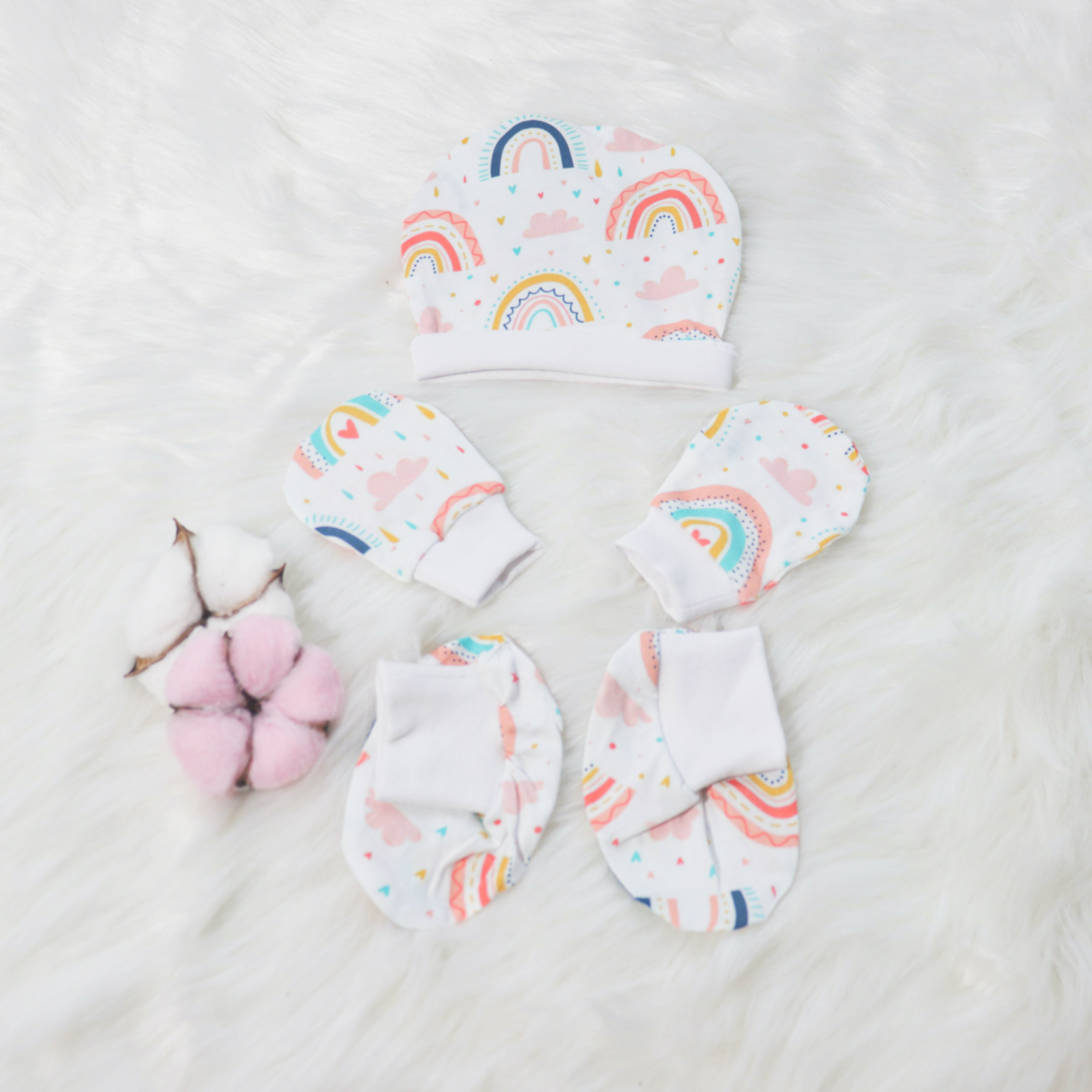 Look for Rainbows - Cotton Cap, Mittens & Booties Set