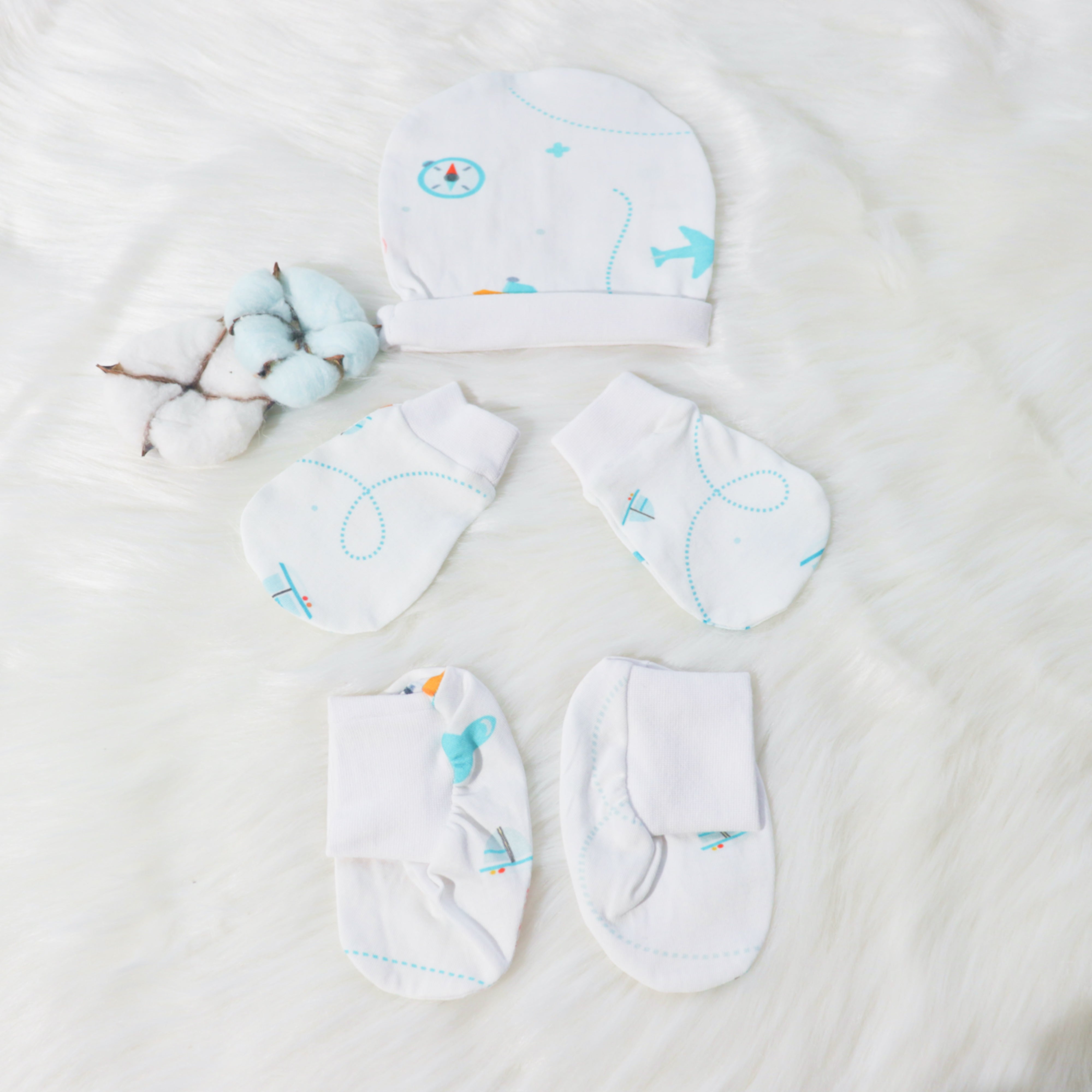 Cotton Cap, Mittens & Booties Set