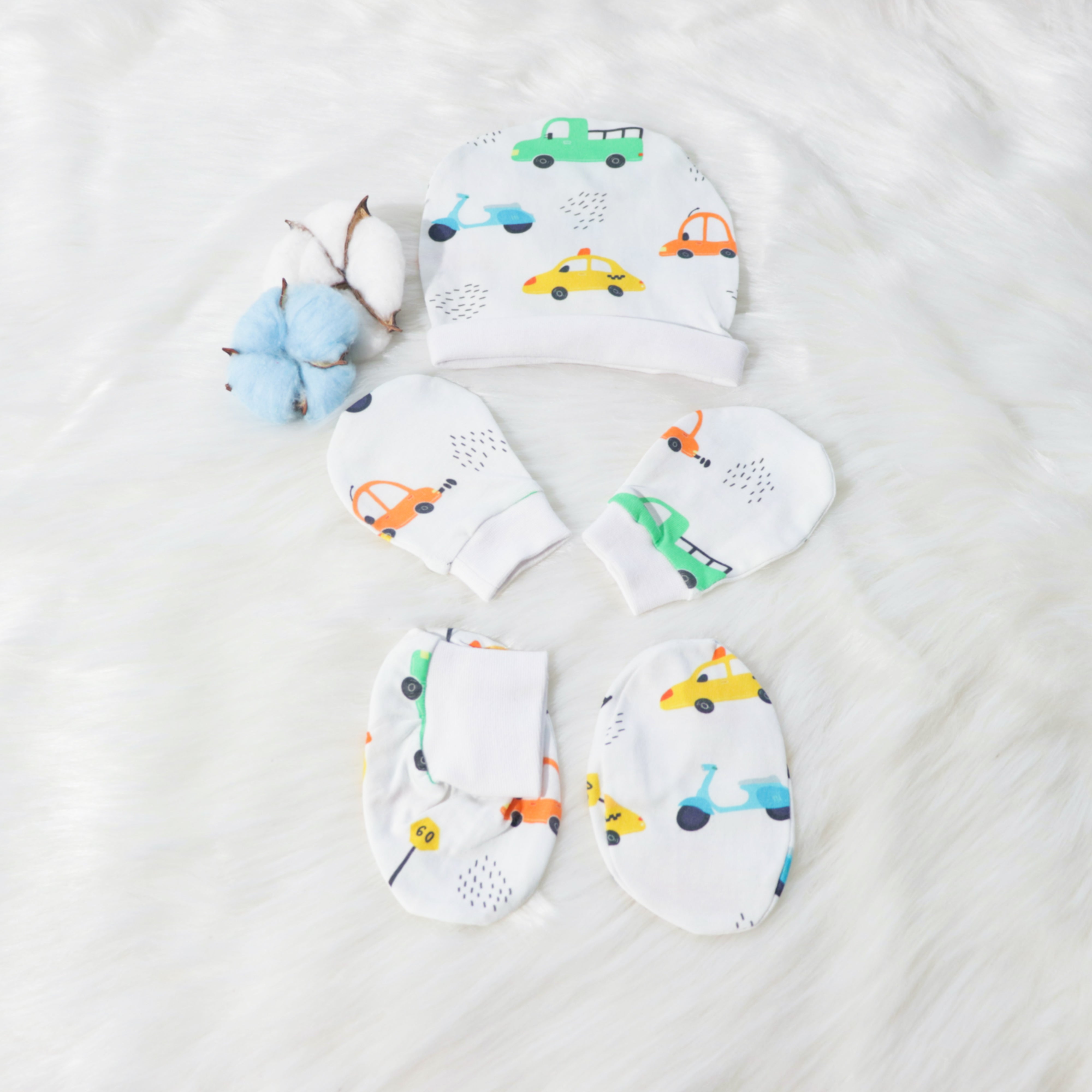 Beep Beep - Cotton Cap, Mittens & Booties Set