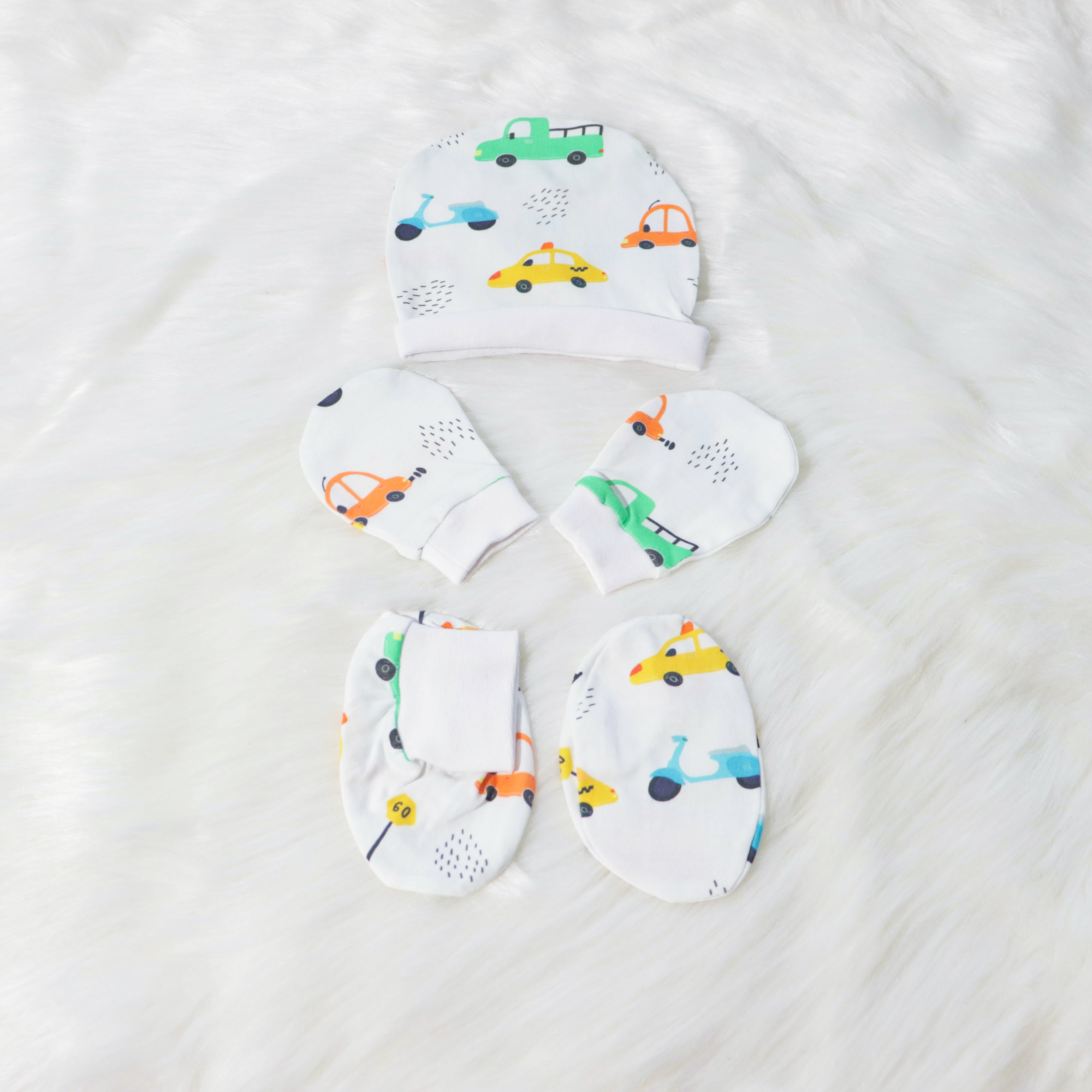 Beep Beep - Cotton Cap, Mittens & Booties Set