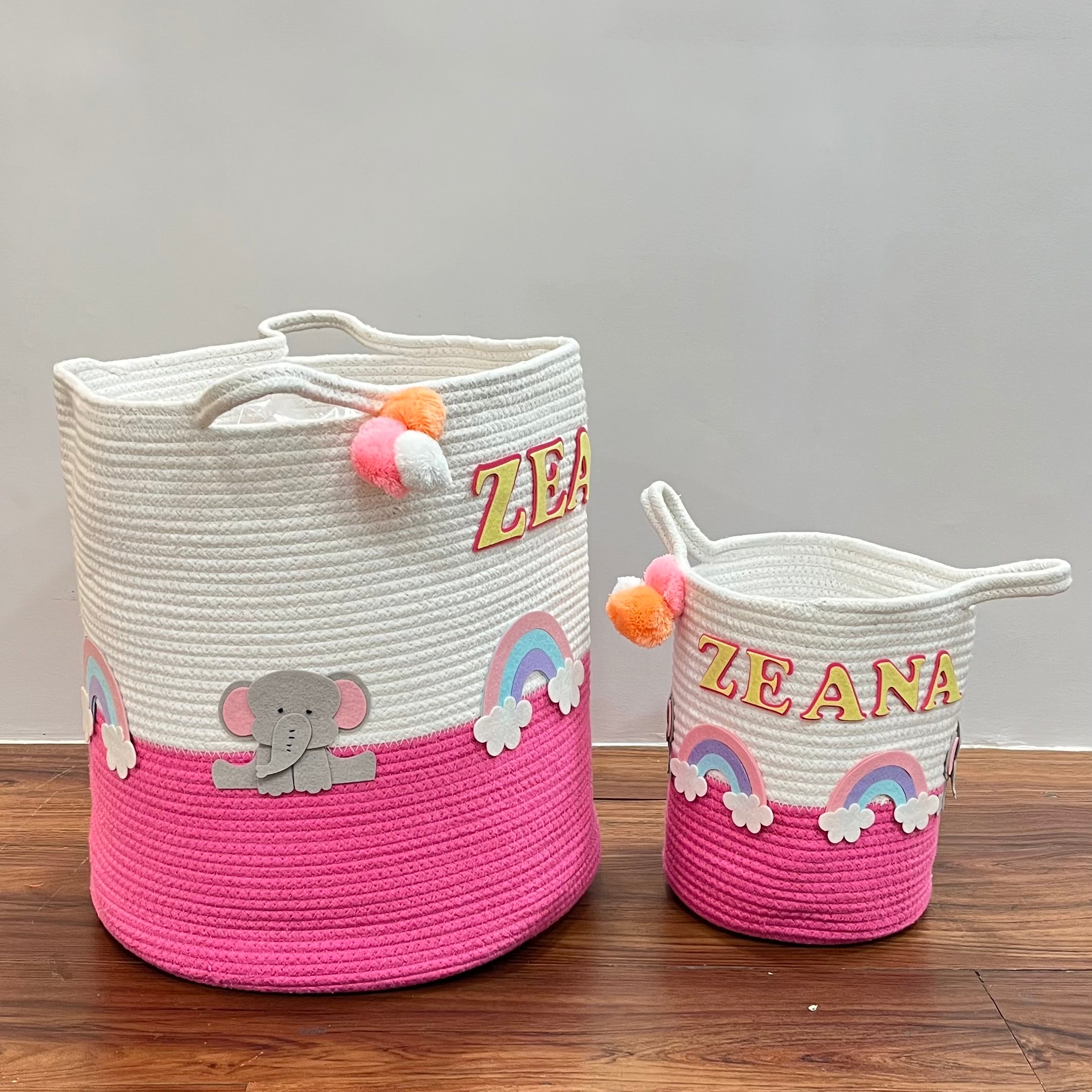 Jute Cotton Storage Basket - Medium/ Large/ Set of Two - Elephant’s Magical Rainbow
