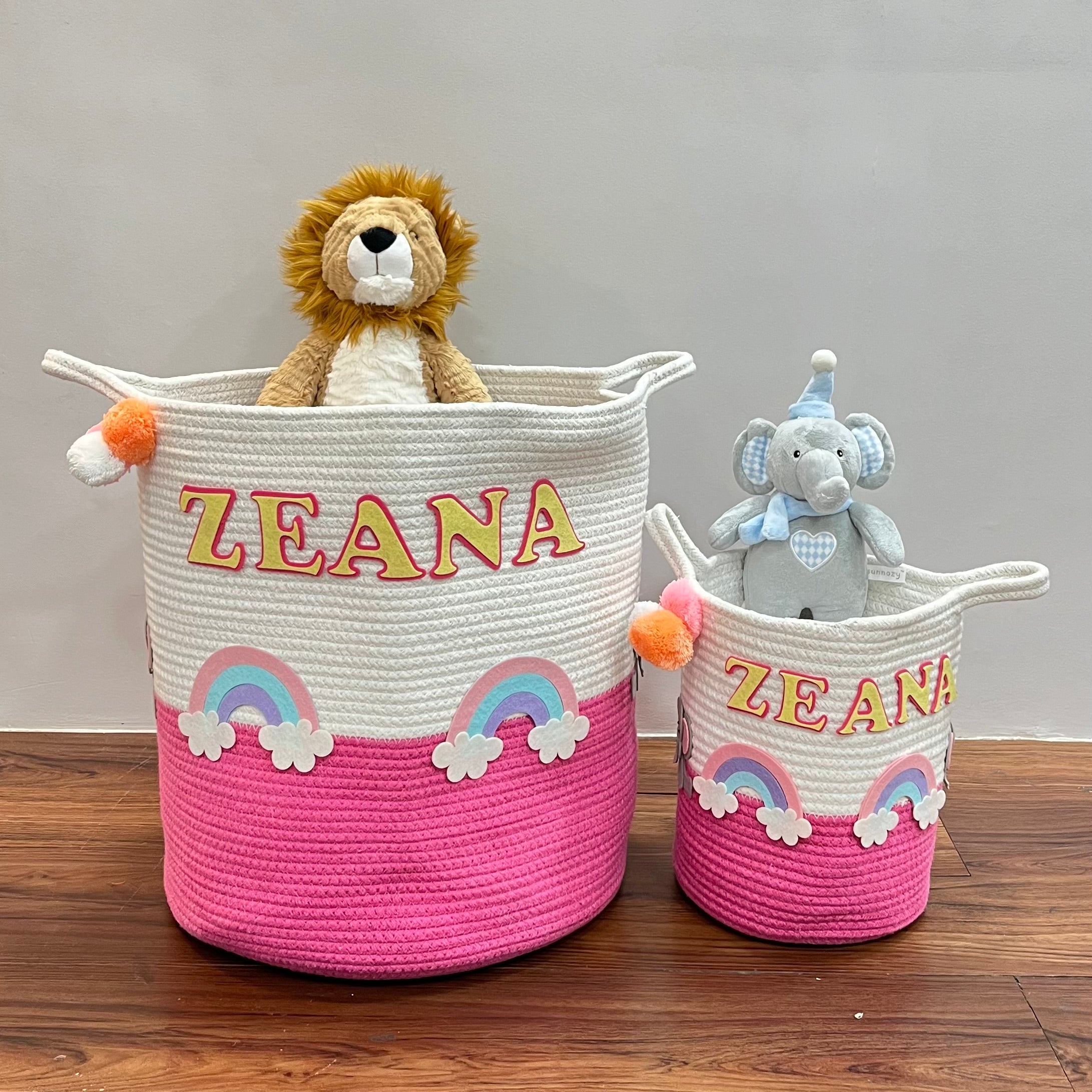 Jute Cotton Storage Basket - Medium/ Large/ Set of Two - Elephant’s Magical Rainbow