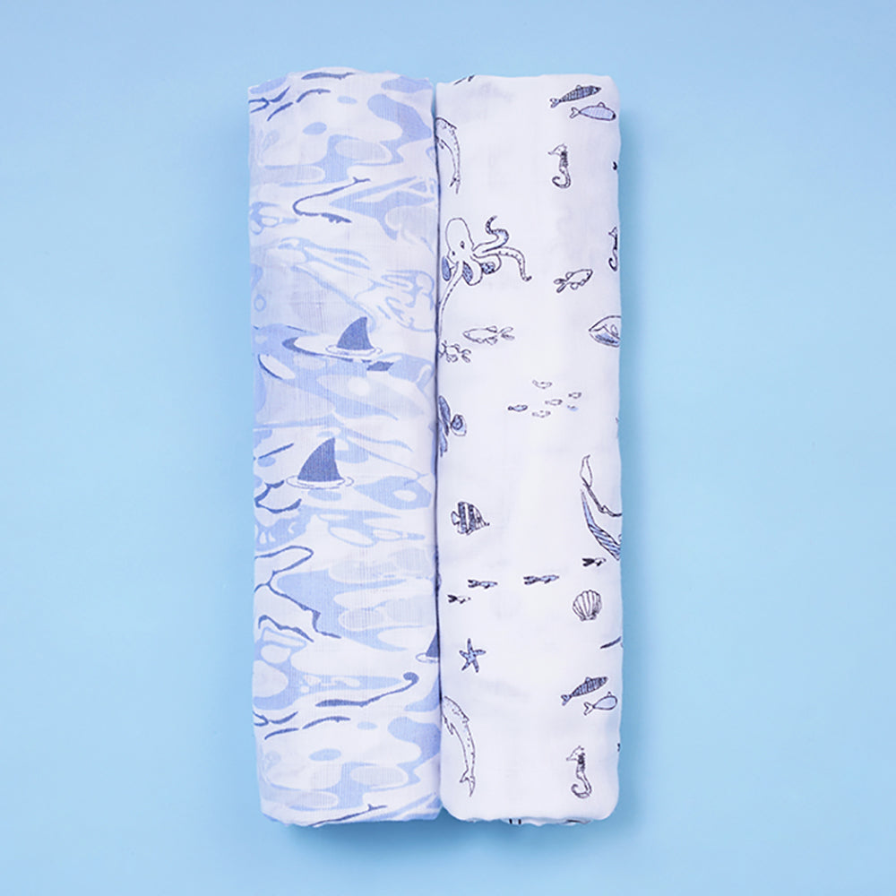 Pack of 2 Bamboo Muslin Swaddles - Marine