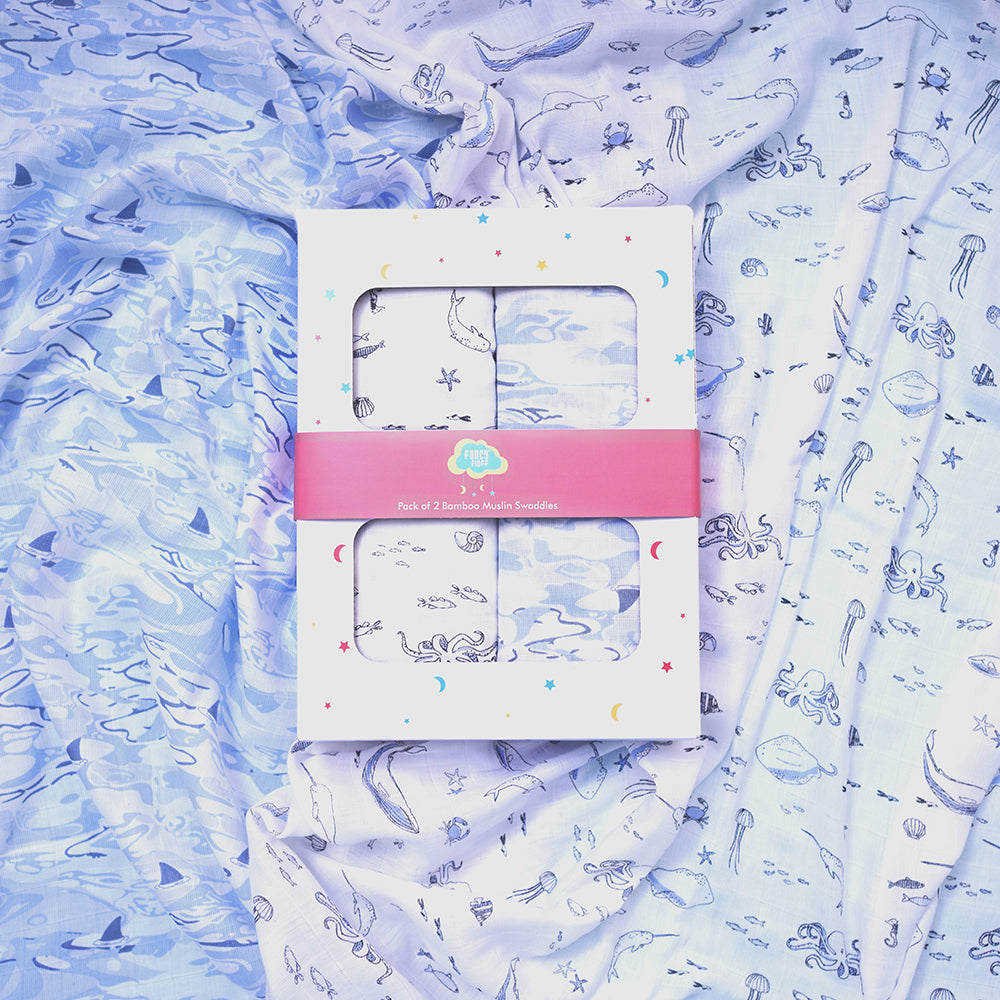 Pack of 2 Bamboo Muslin Swaddles - Marine