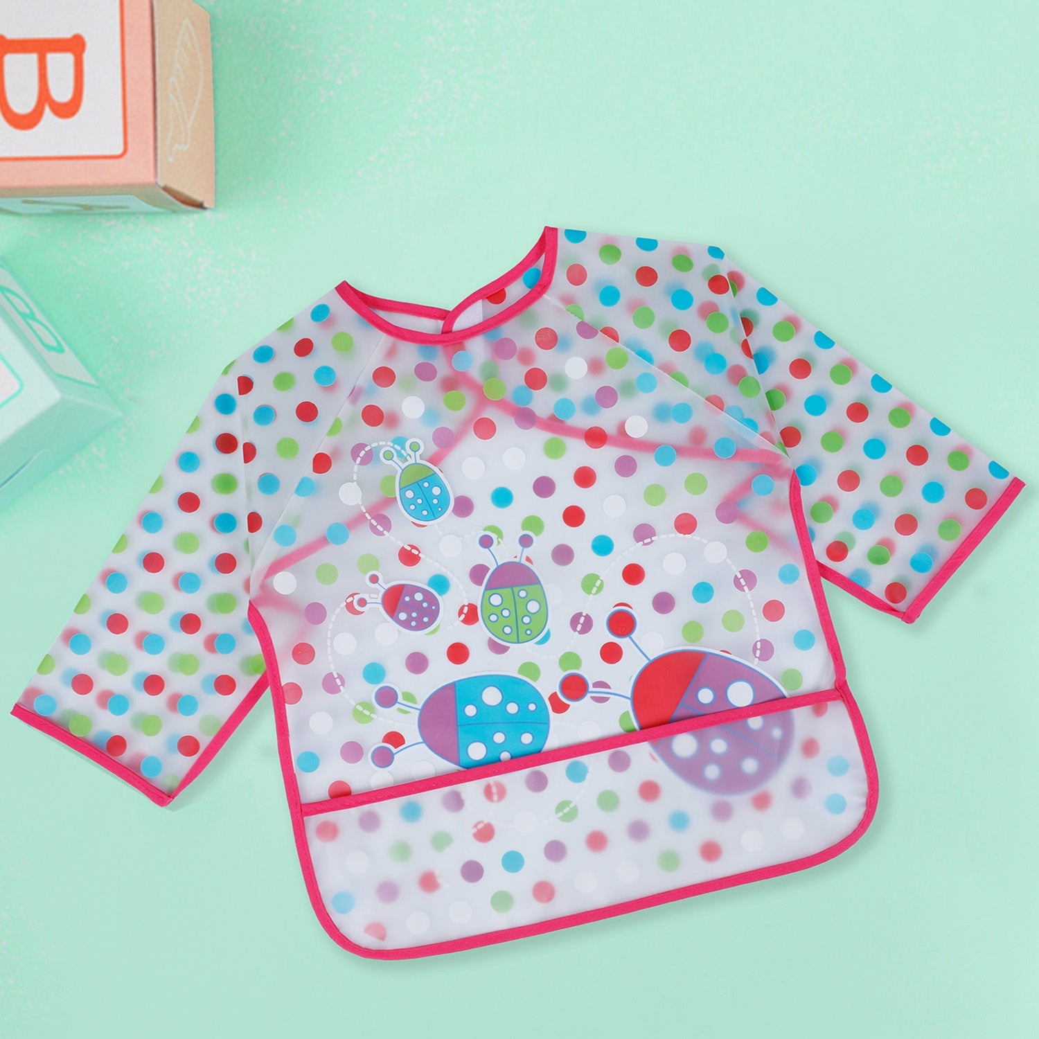 Baby Moo Polka Dots And Bugs Long Sleeves Waterproof Wear Me Bib - Pink - Baby Moo