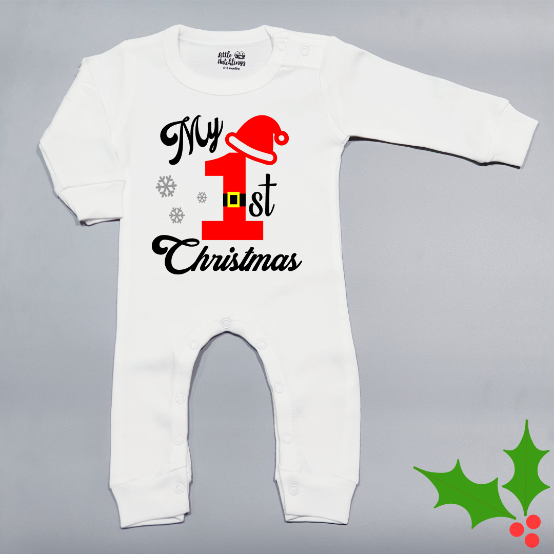 My First Christmas Santa Uniform Theme White Onesie / Full Romper (Belt & Cap)