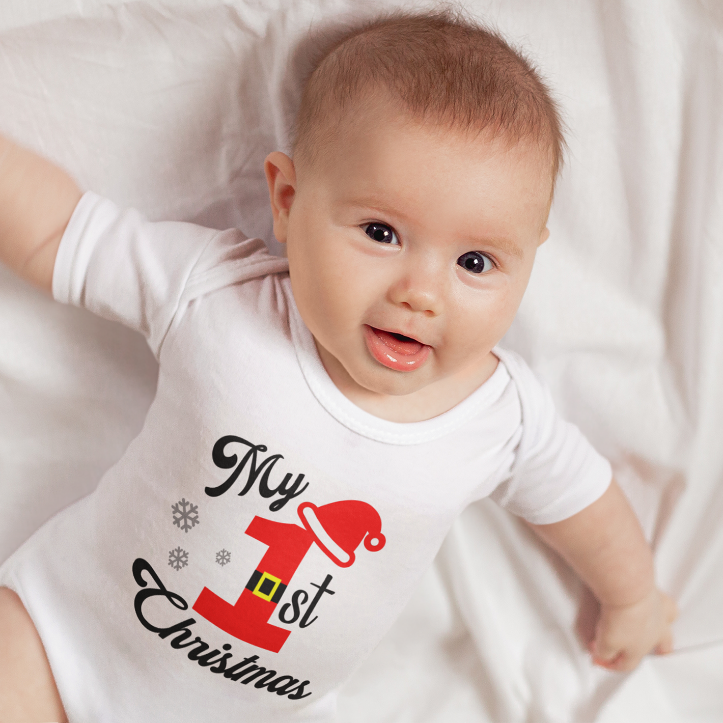 My First Christmas Santa Uniform Theme White Onesie / Full Romper (Belt & Cap)