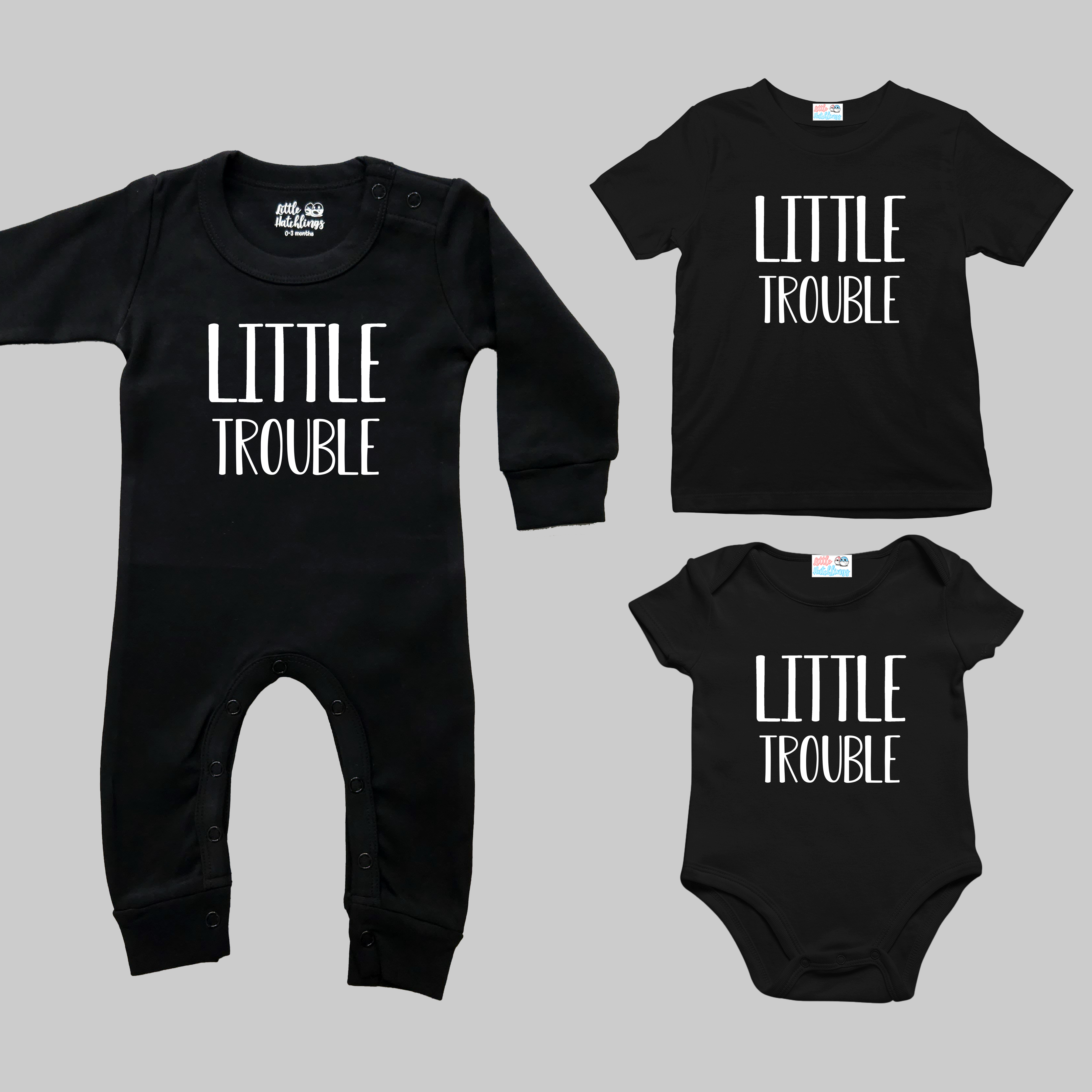 Big + Little Trouble Black and Grey Combo - Adult Tshirt + Full Romper