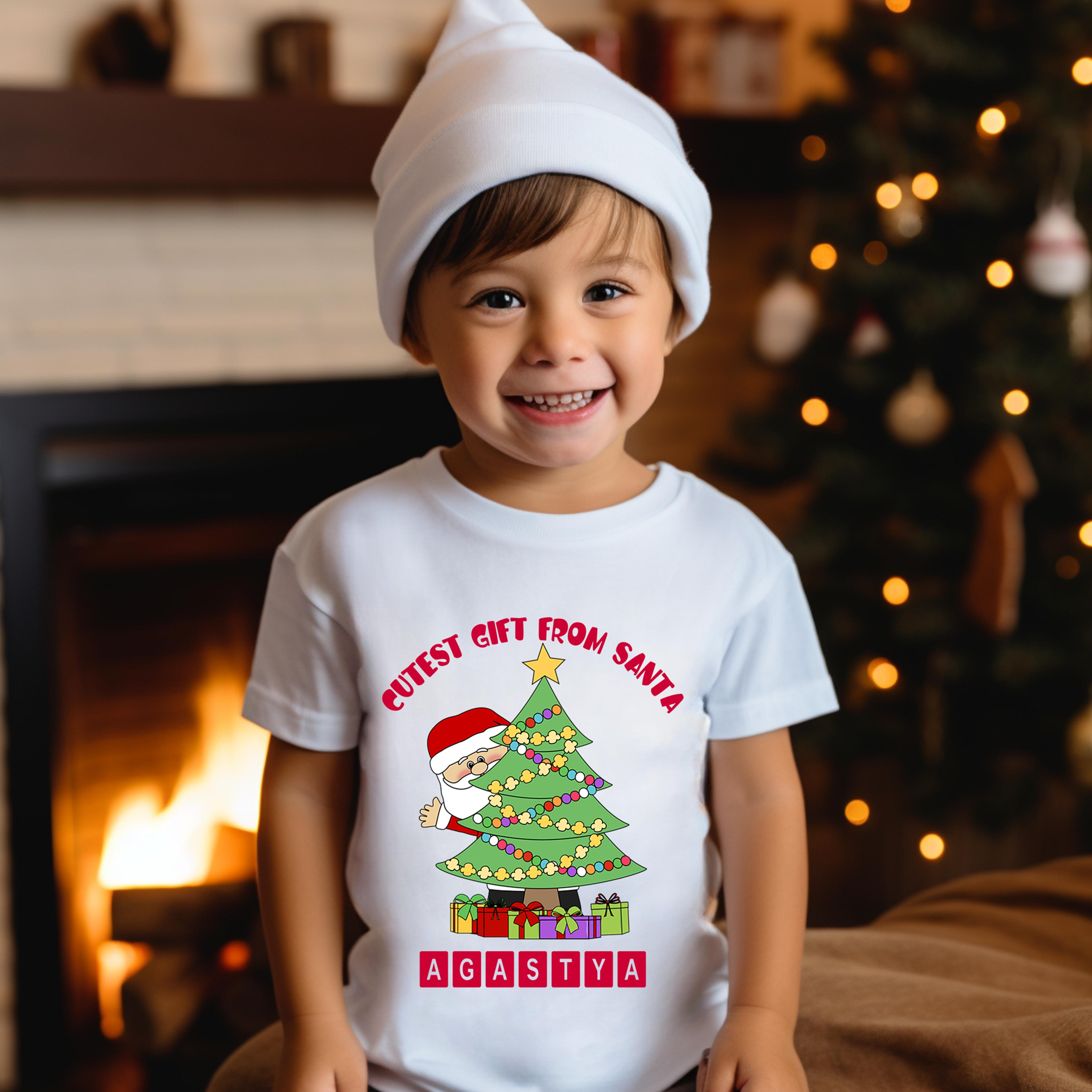 Cutest Gift from Santa (Behind Tree) White Onesie / Full Romper / Tshirt
