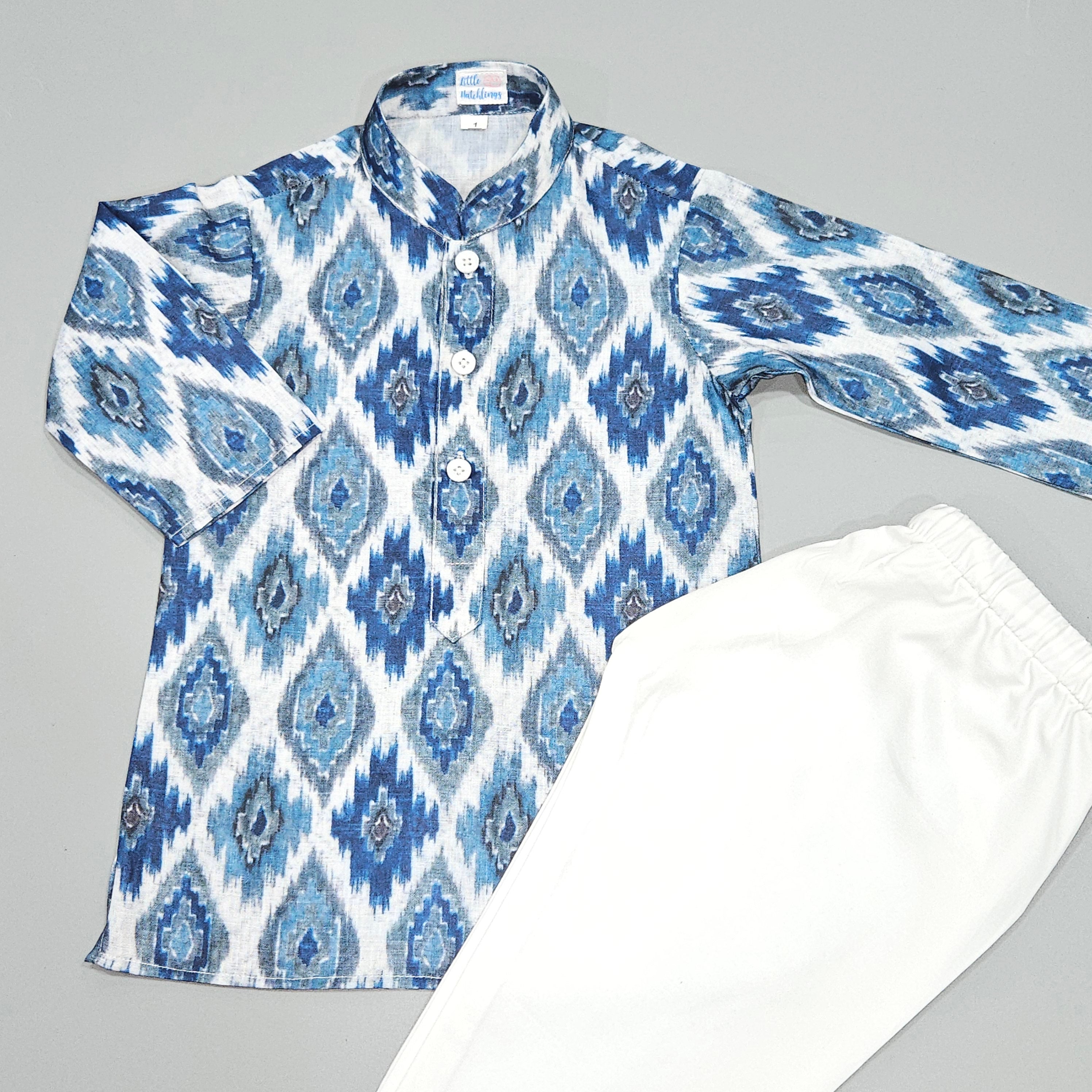 Blue & Grey Pattern Kurta Set