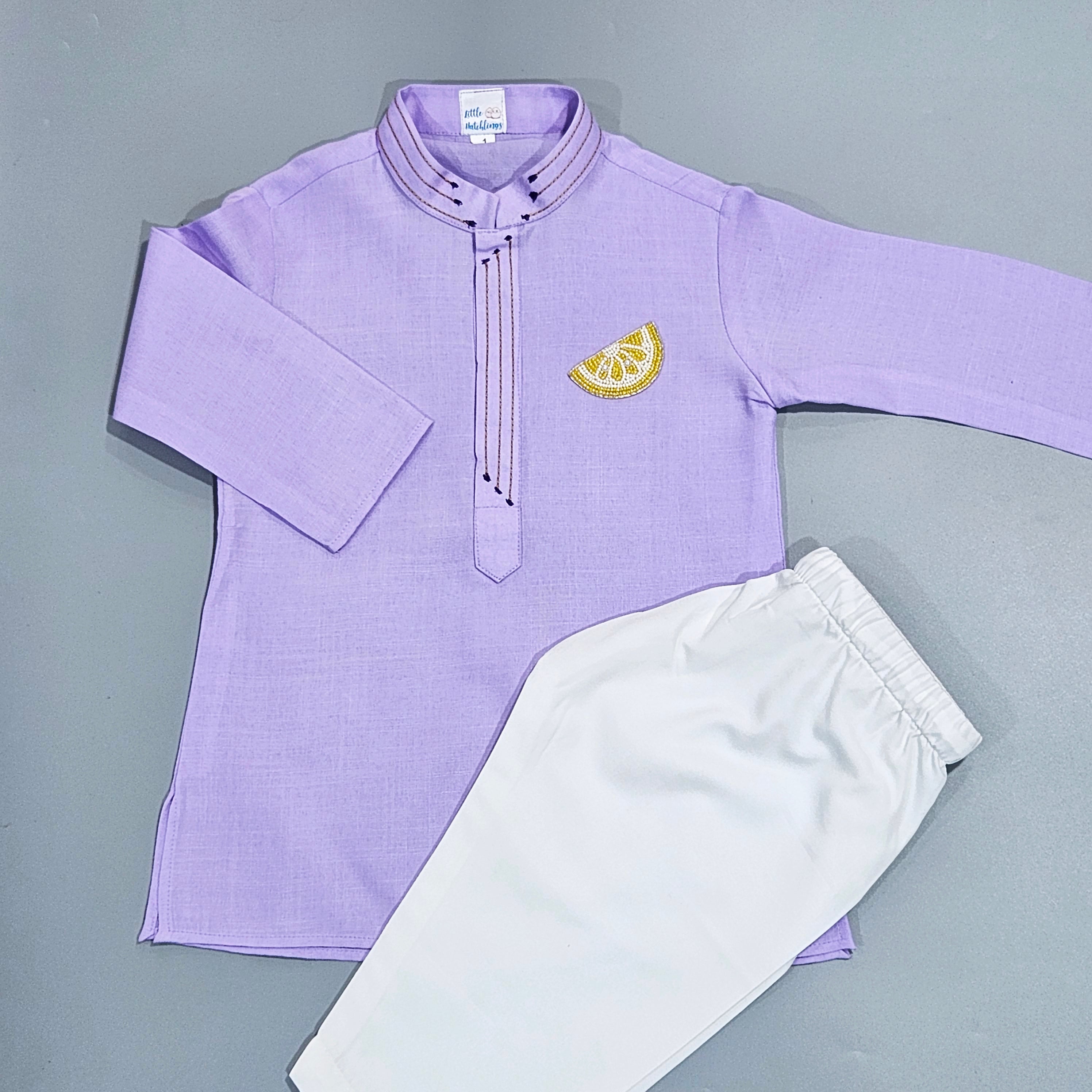 Lavender Kurta Set With Lemon Embroidered Patch