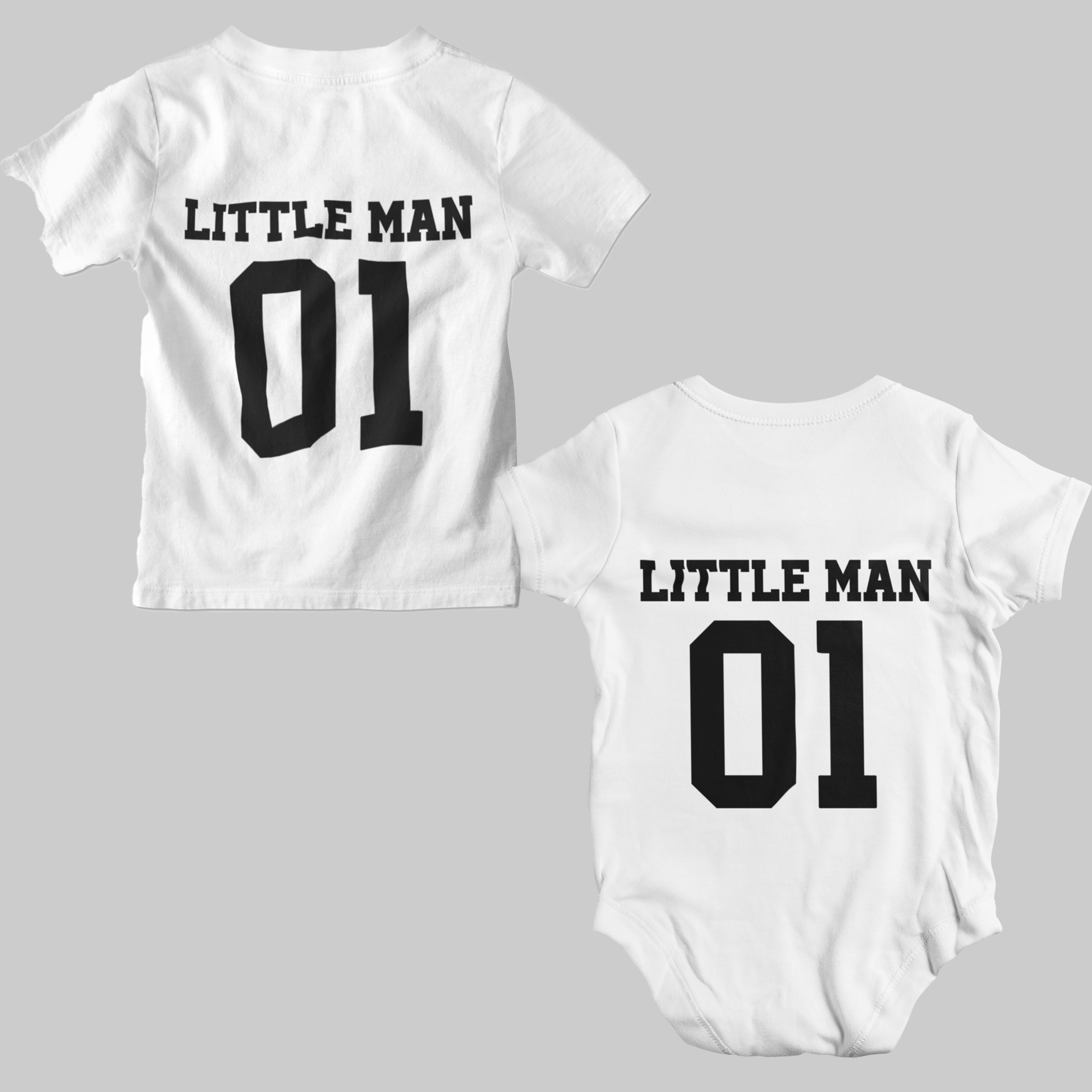 Little Man Big Man White & Black Number Combo - Adult Tshirt + Full Romper