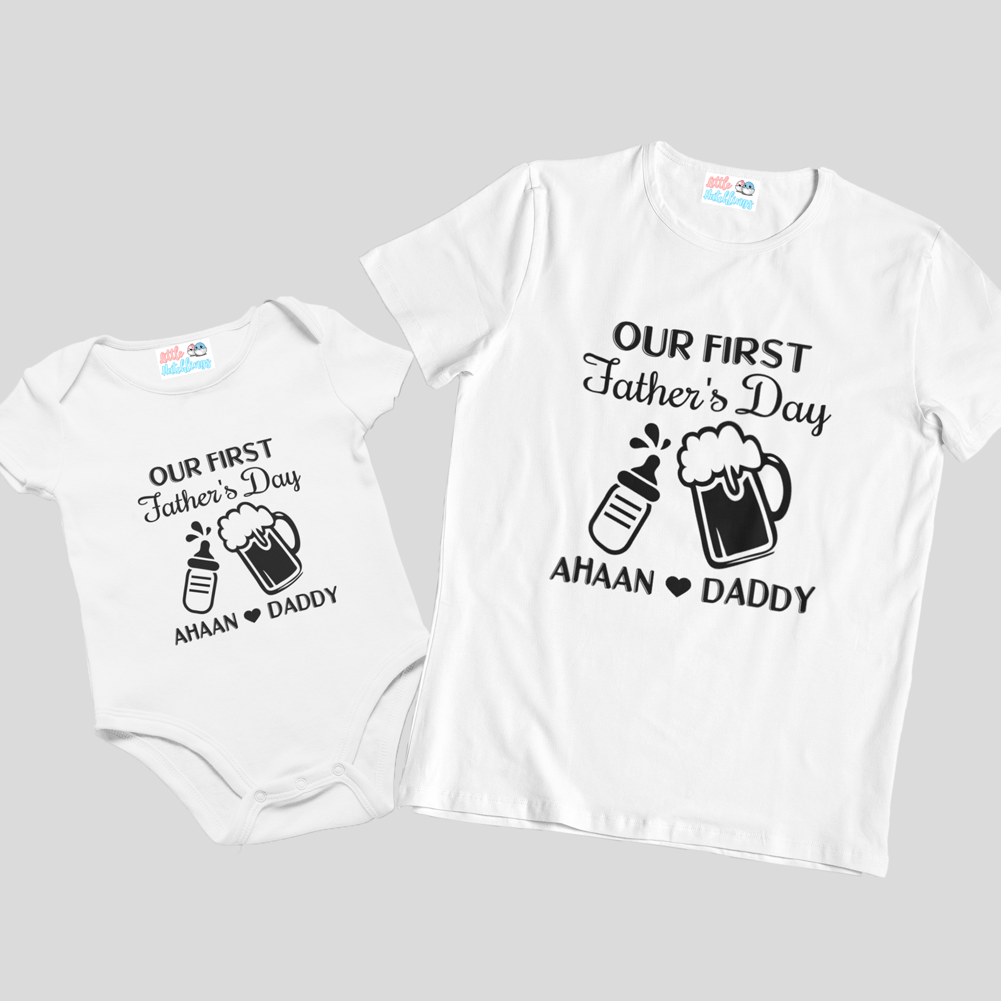 First Fathers Day Bottle Beer Mug White Combo - Adult Tshirt + Full Romper