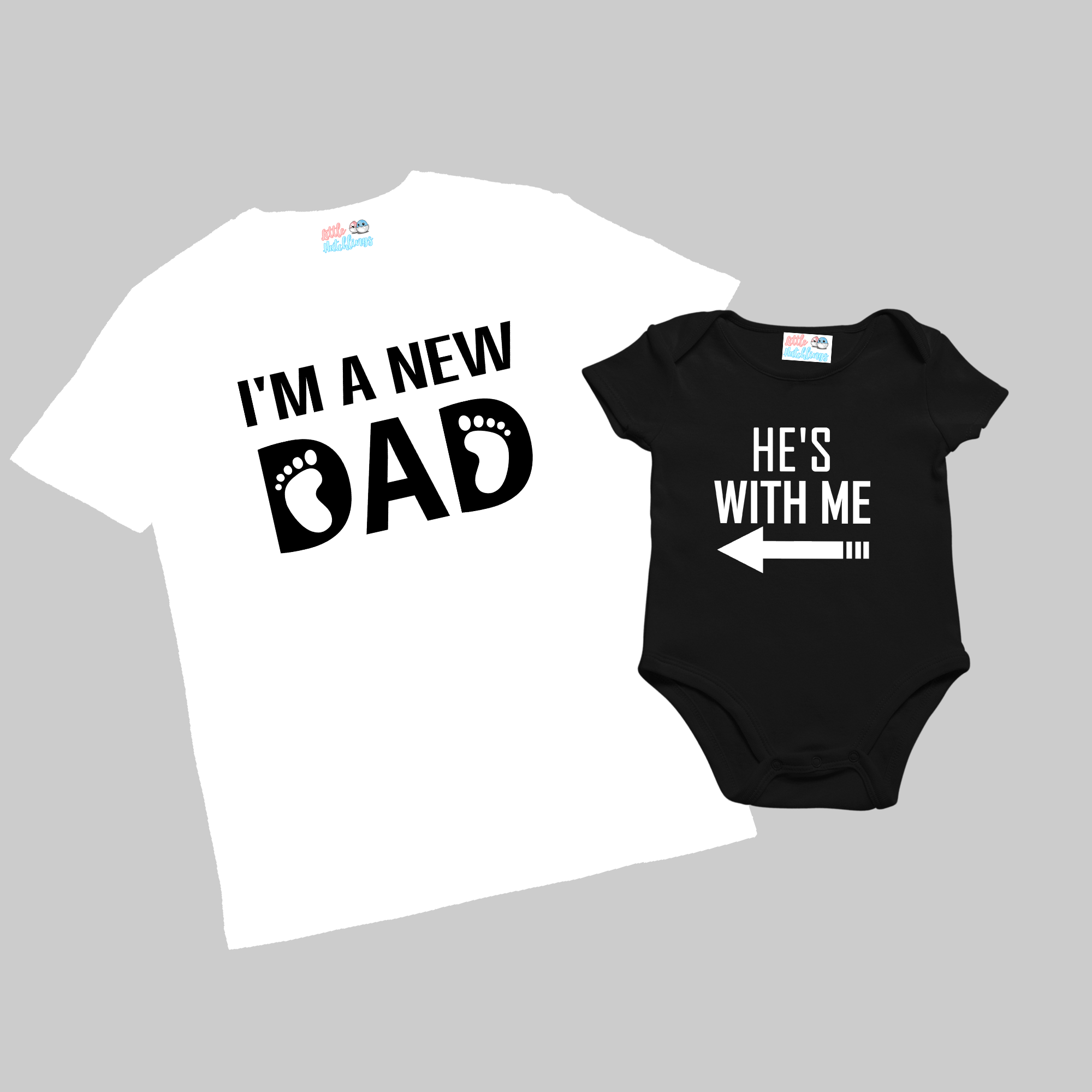 New Dad + He is with Me White and Black Combo - Adult Tshirt + Full Romper