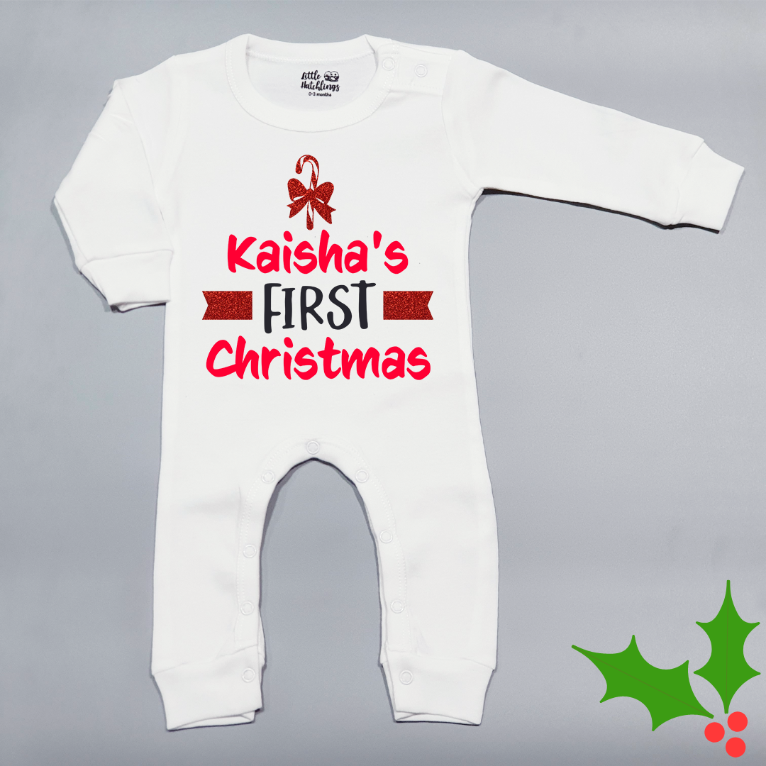 First Christmas White Onesie / Romper / Tshirt (Straps & Cane Glitter)