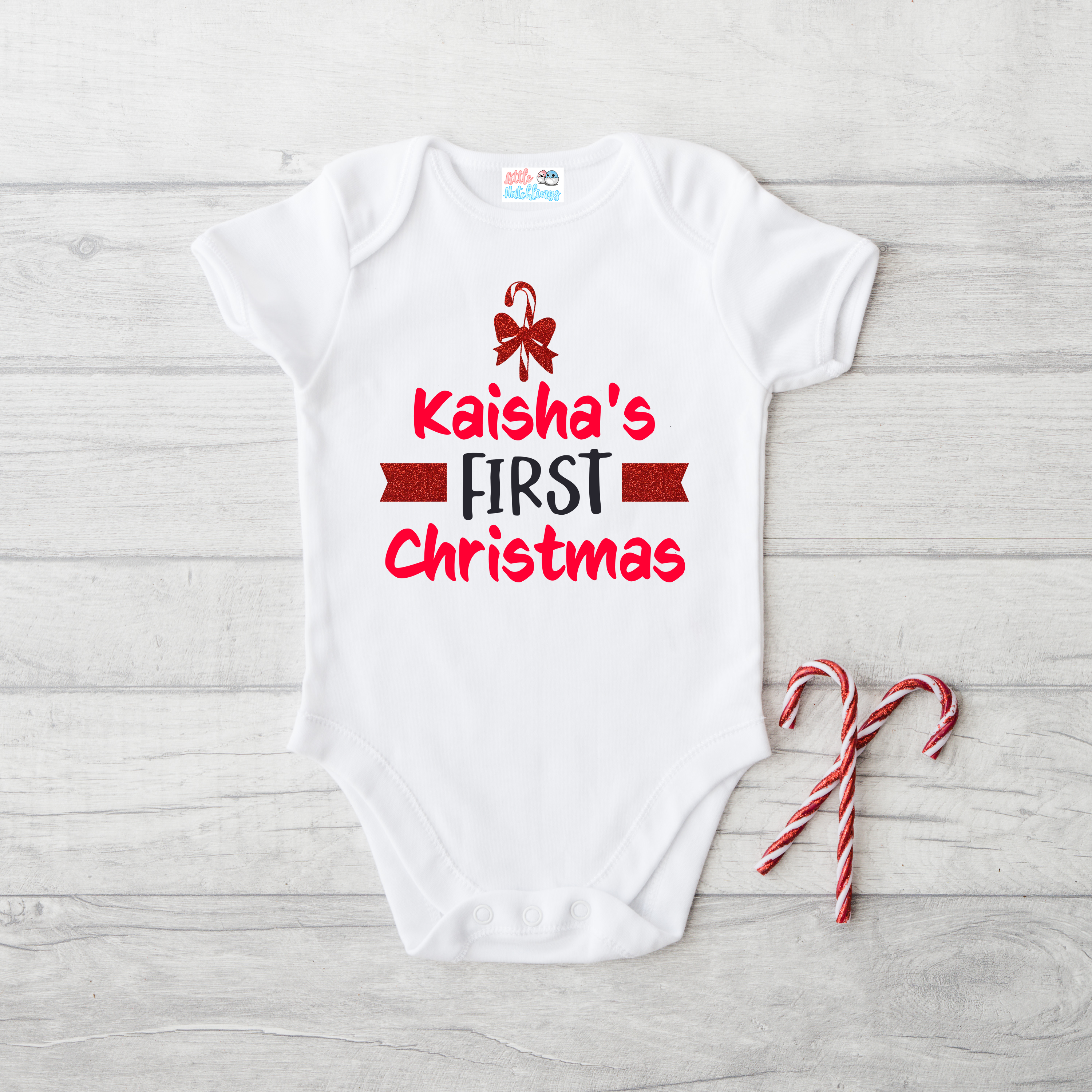 First Christmas White Onesie / Romper / Tshirt (Straps & Cane Glitter)