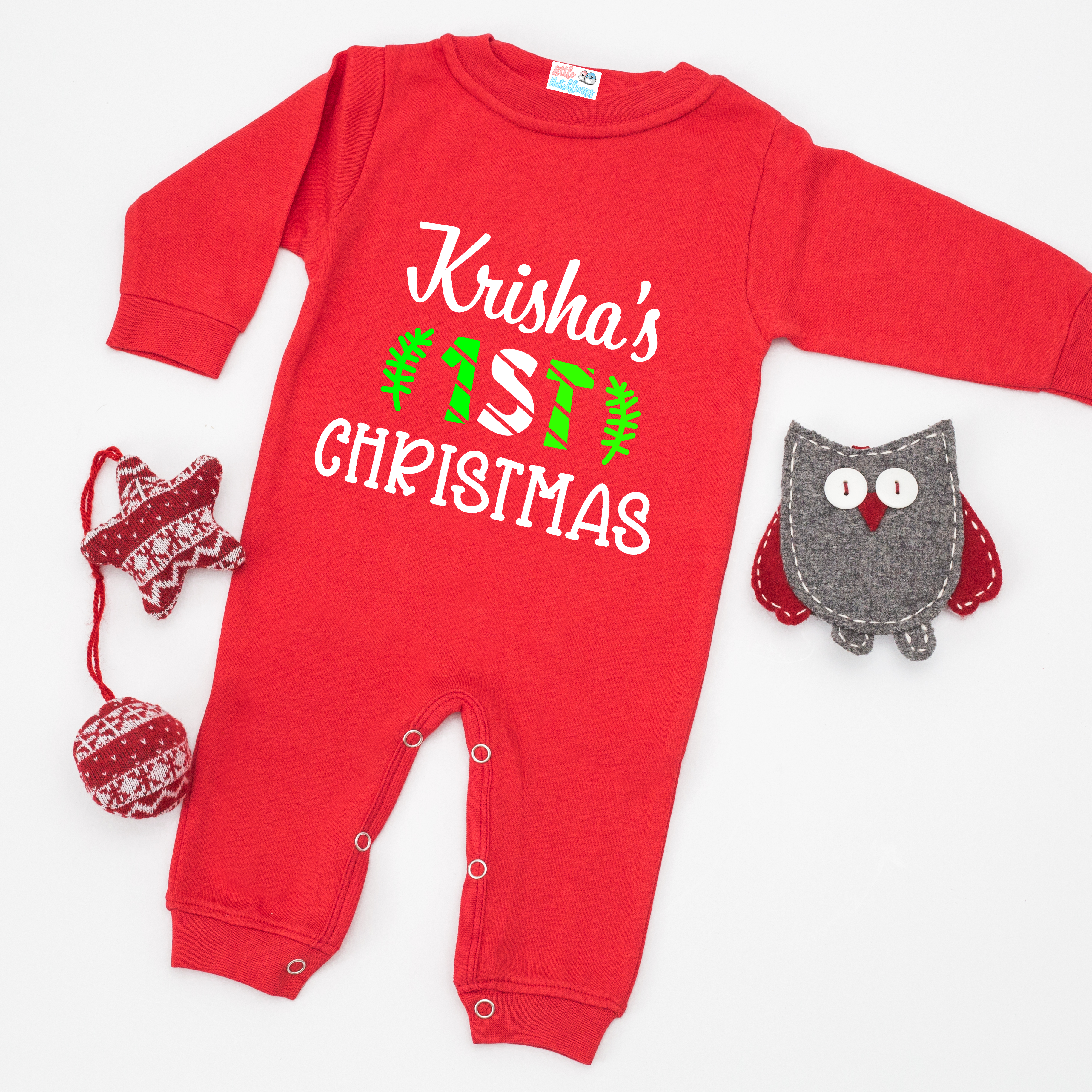 First Christmas Personalised Red Onesie / Full Romper (Leaves & Stripes)
